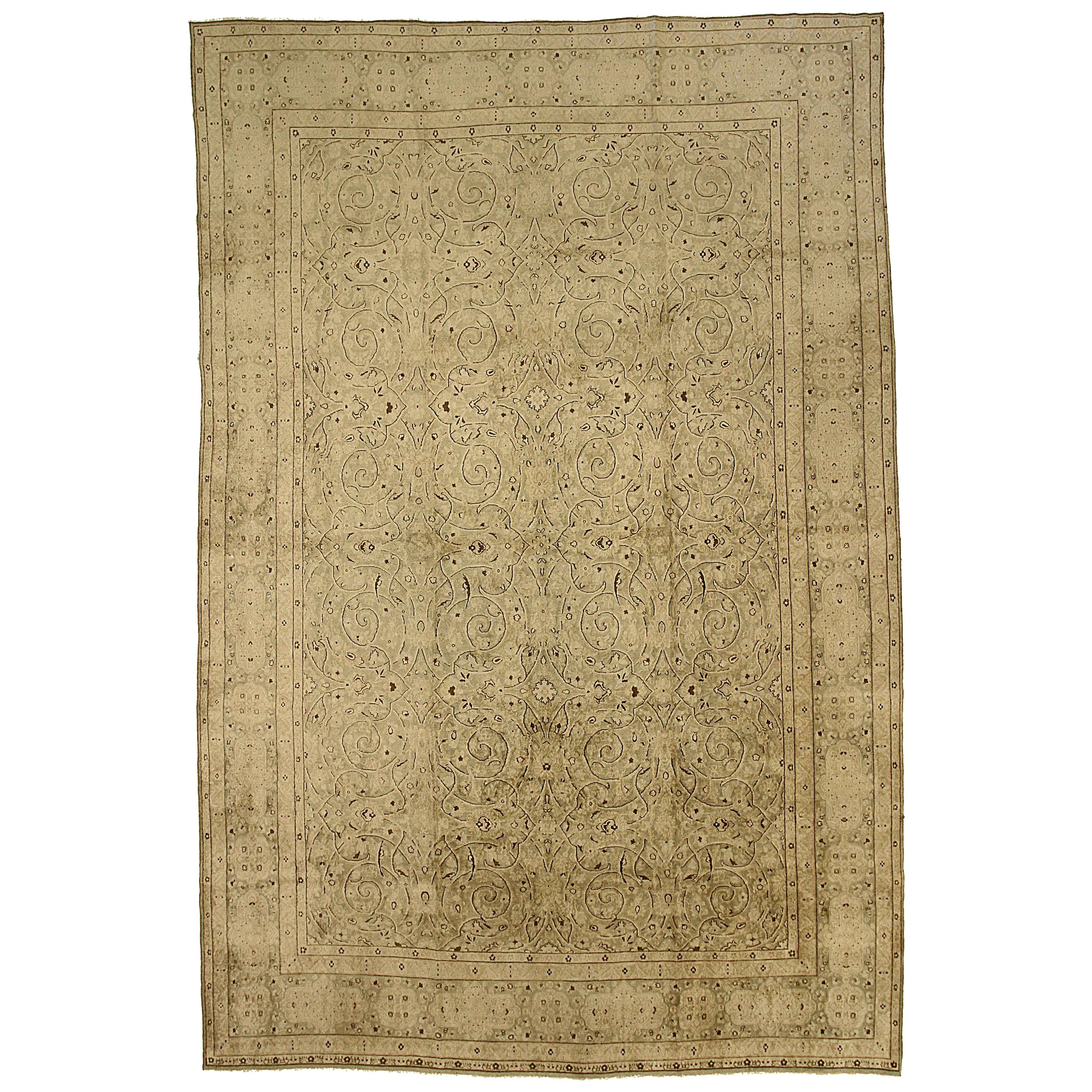 Antique Kerman Persian Rug with Ivory and Brown Floral Details, circa 1950s