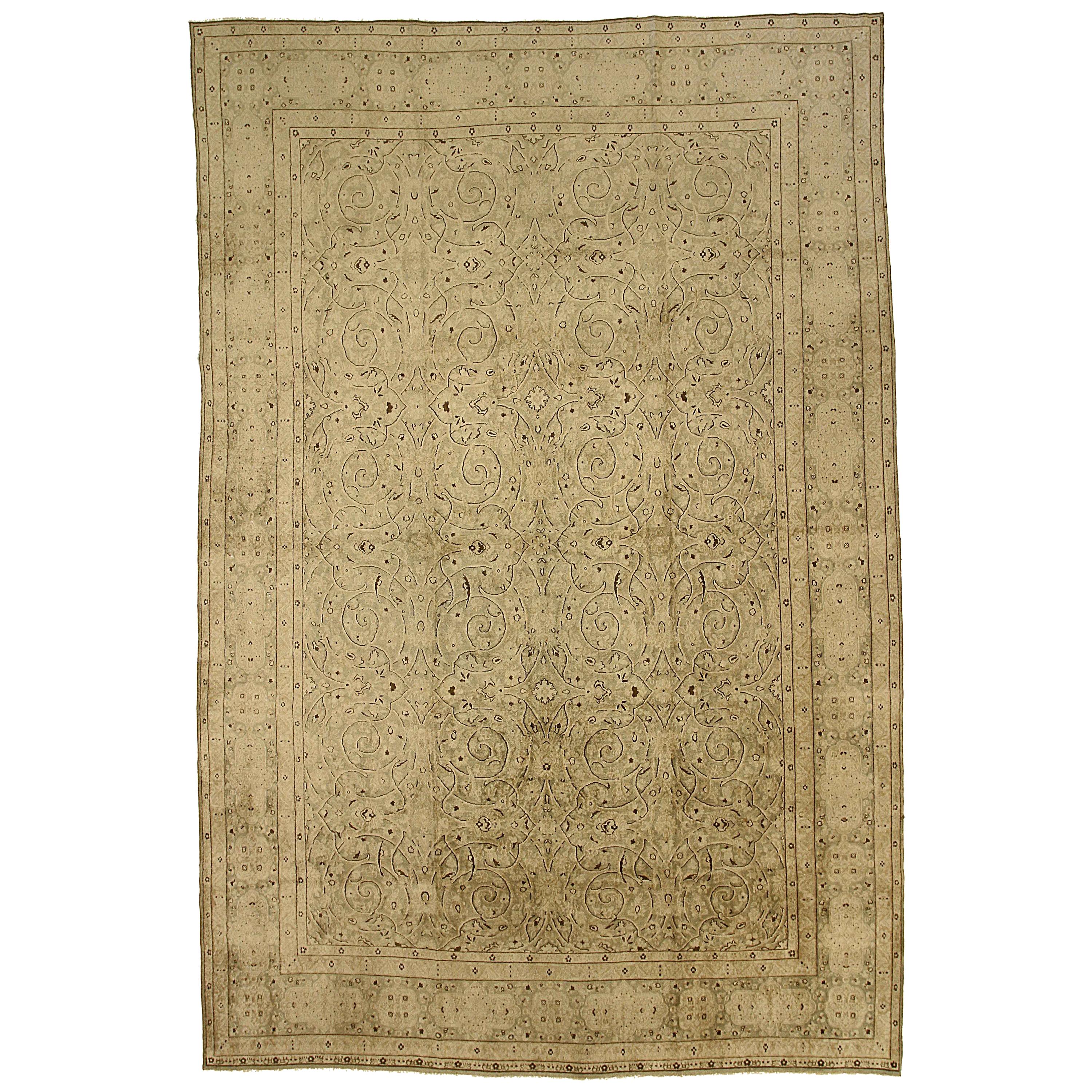 Antique Kerman Persian Rug with Ivory and Brown Floral Details, circa 1950s For Sale