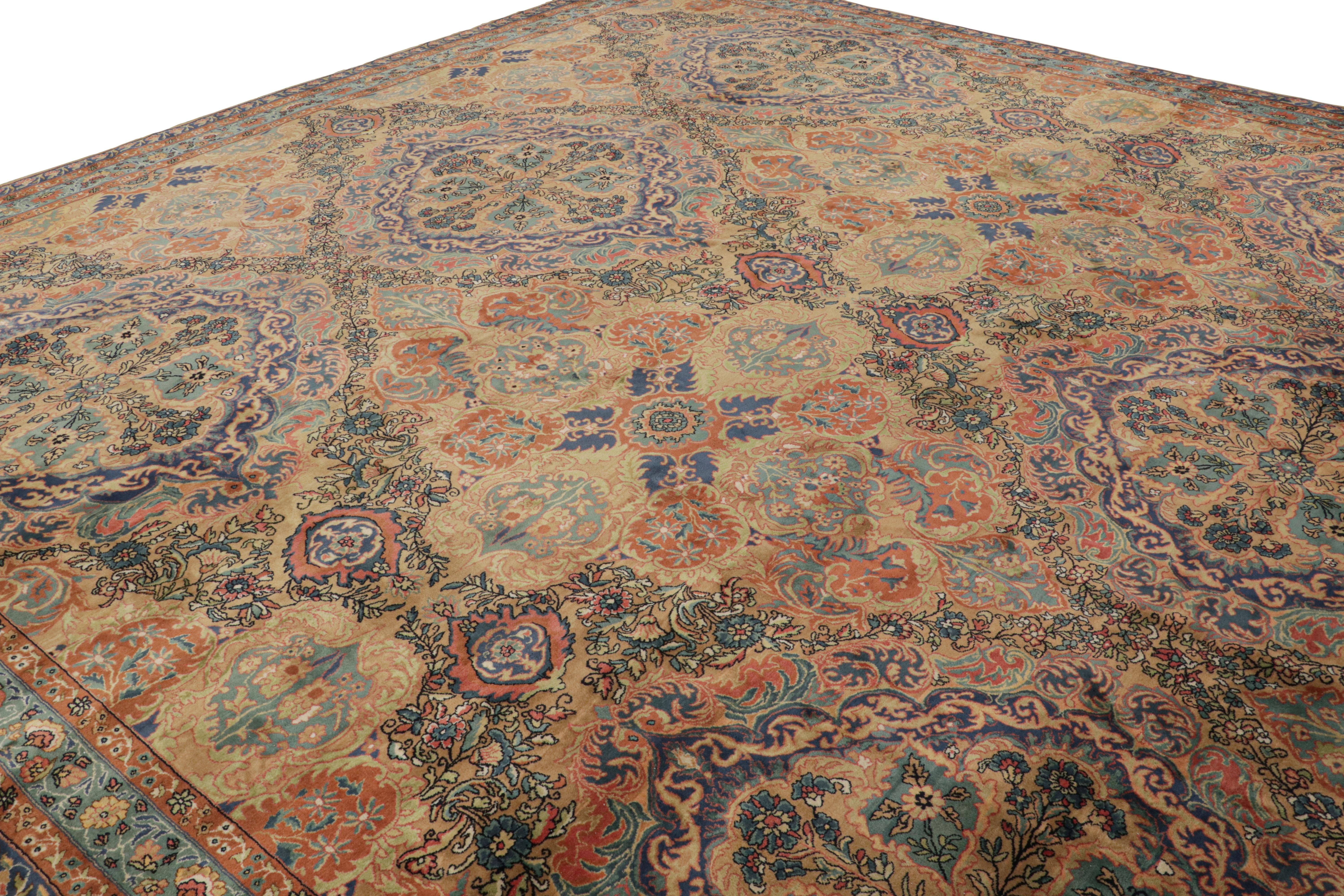 Hand-knotted in wool and originating from India circa (TBD), this 15x31 antique palace rug is inspired by Persian rugs of Kerman provenance, and is a rare, special new addition to our collection. 

On the Design: 

Camel tone beige-browns underscore