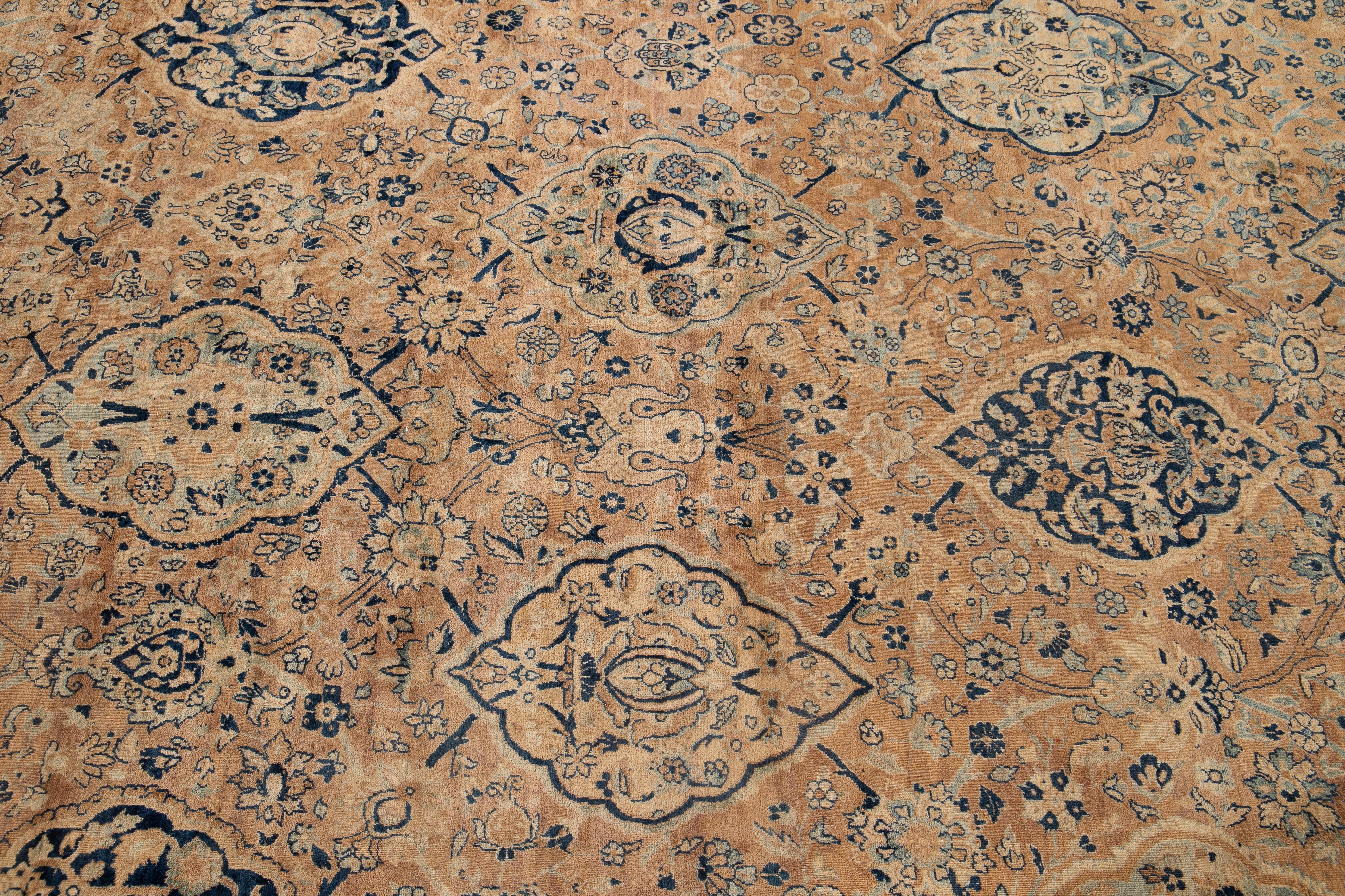 Antique Kerman Persian Wool Rug in Tan with Alluring Rosette Motif For Sale 1