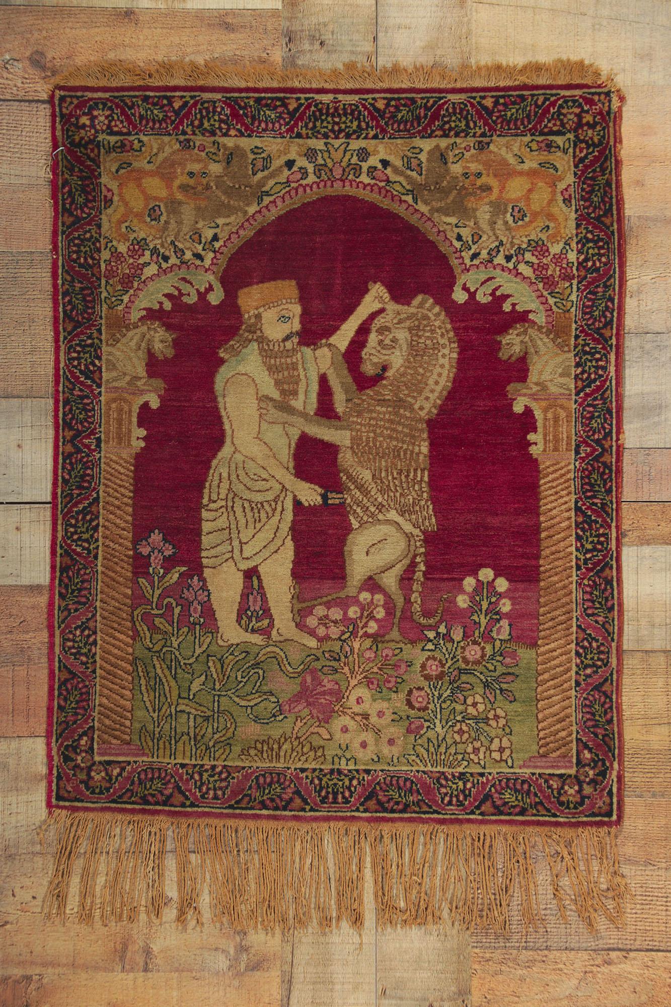 Hand-Knotted Antique Kerman Pictorial Rug Lion & King Darius Achaemenid Mythological Tapestry For Sale