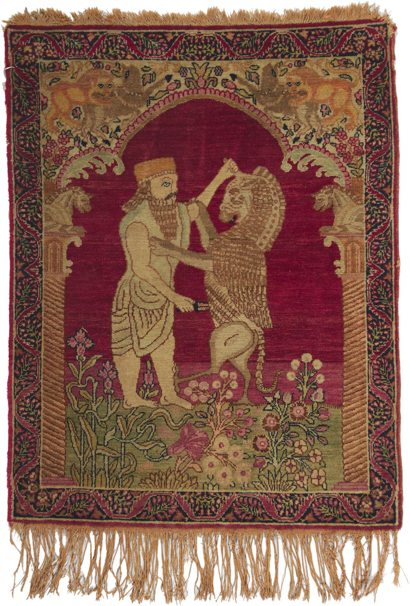 Antique Kerman Pictorial Rug Lion & King Darius Achaemenid Mythological Tapestry In Distressed Condition For Sale In Dallas, TX