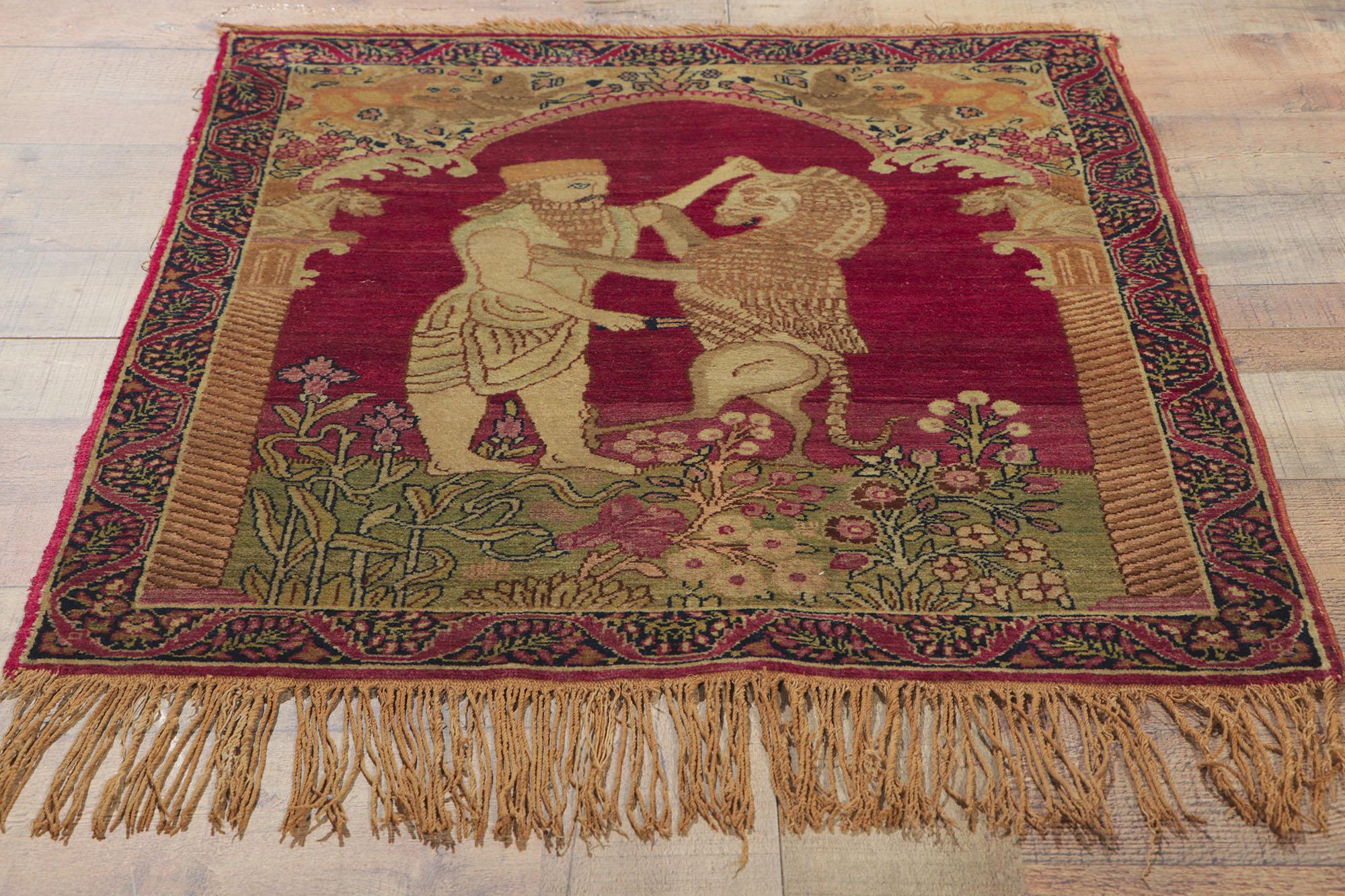 Persian Antique Kerman Pictorial Rug Lion & King Darius Achaemenid Mythological Tapestry For Sale