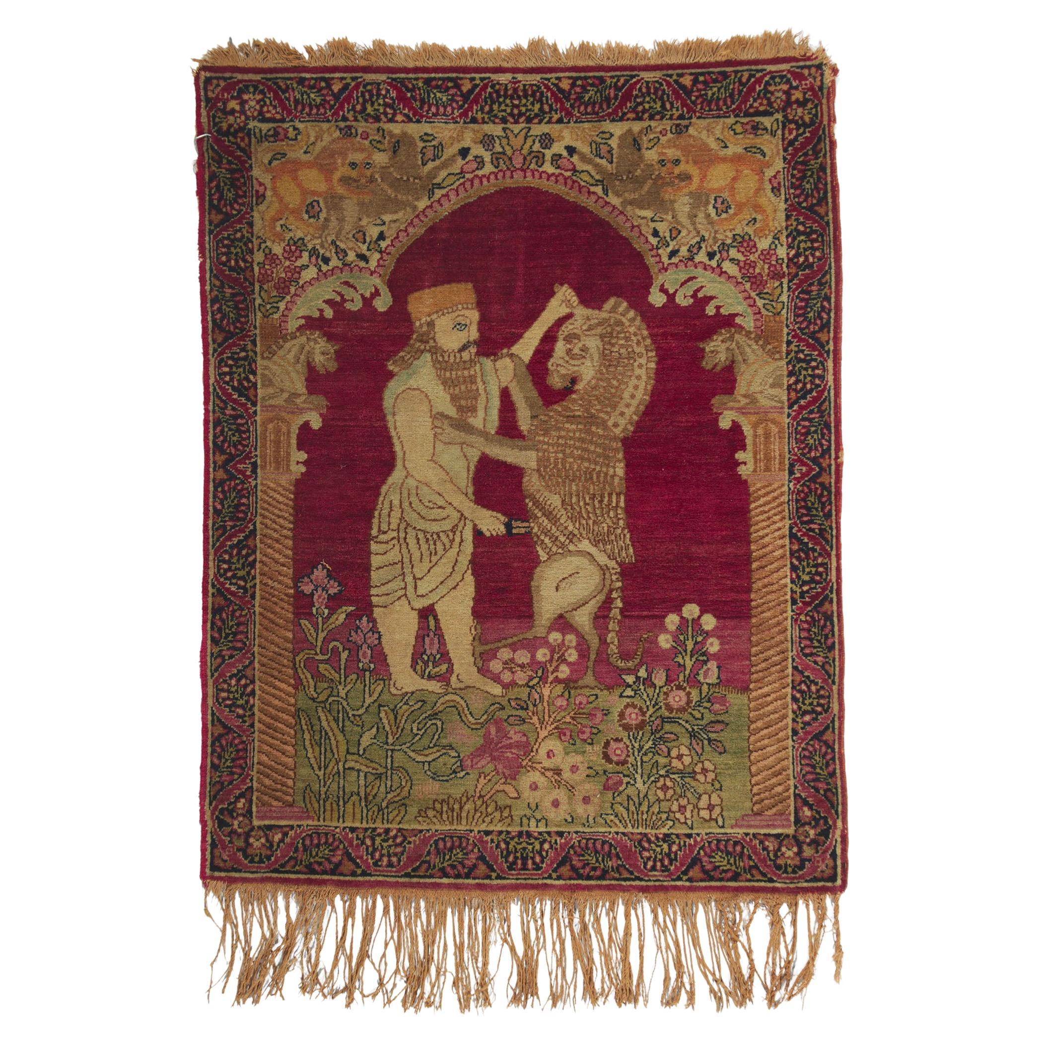 Antique Kerman Pictorial Rug Lion & King Darius Achaemenid Mythological Tapestry