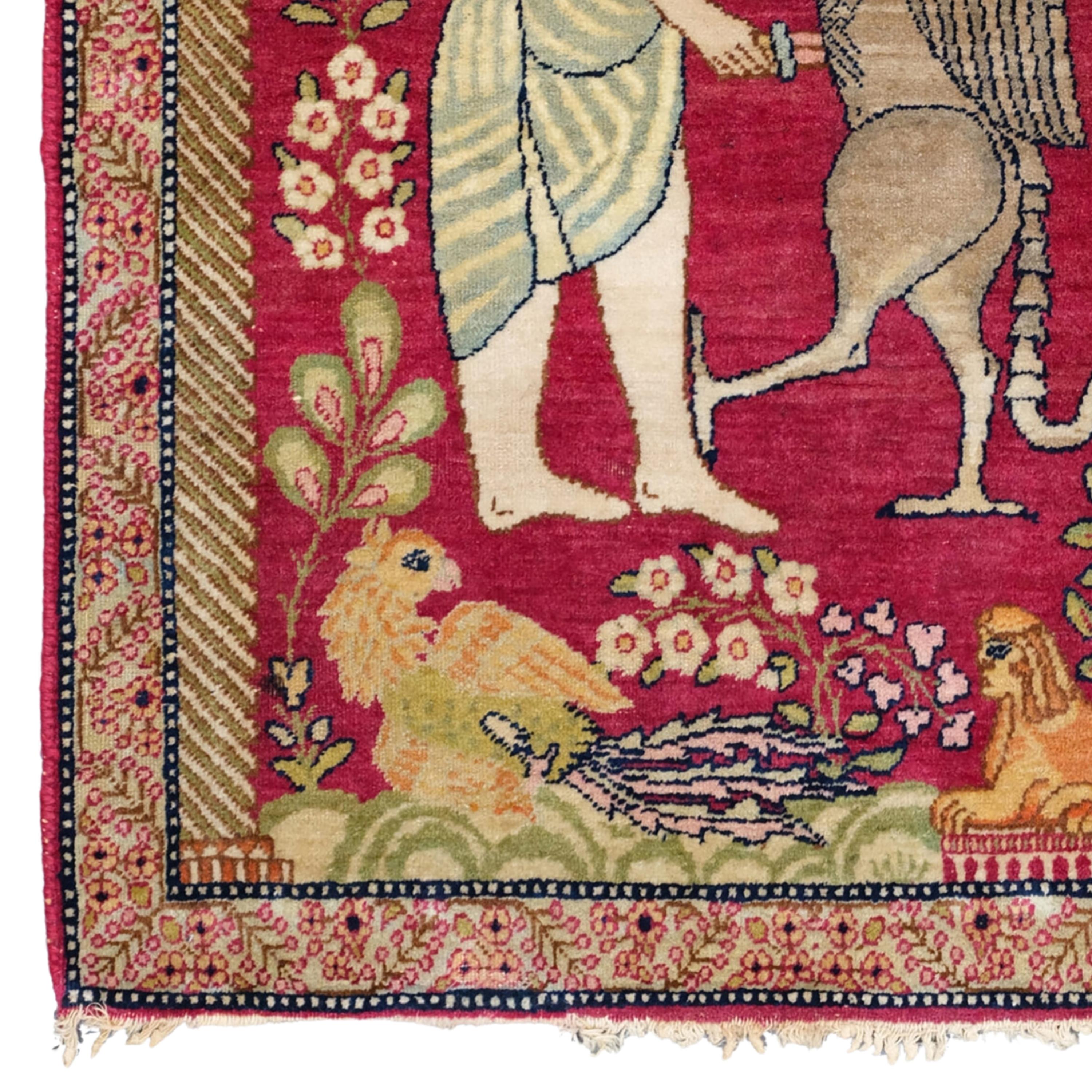 Antique Kerman Pictorial Rug Mythological Tapestry Lion & King Darius Achaemenid at Persepolis

This antique Kerman rug possibly depicting a pictorial scene based on King Darius the Great (Xerxes father) Achaemenid fighting a lion creature of
