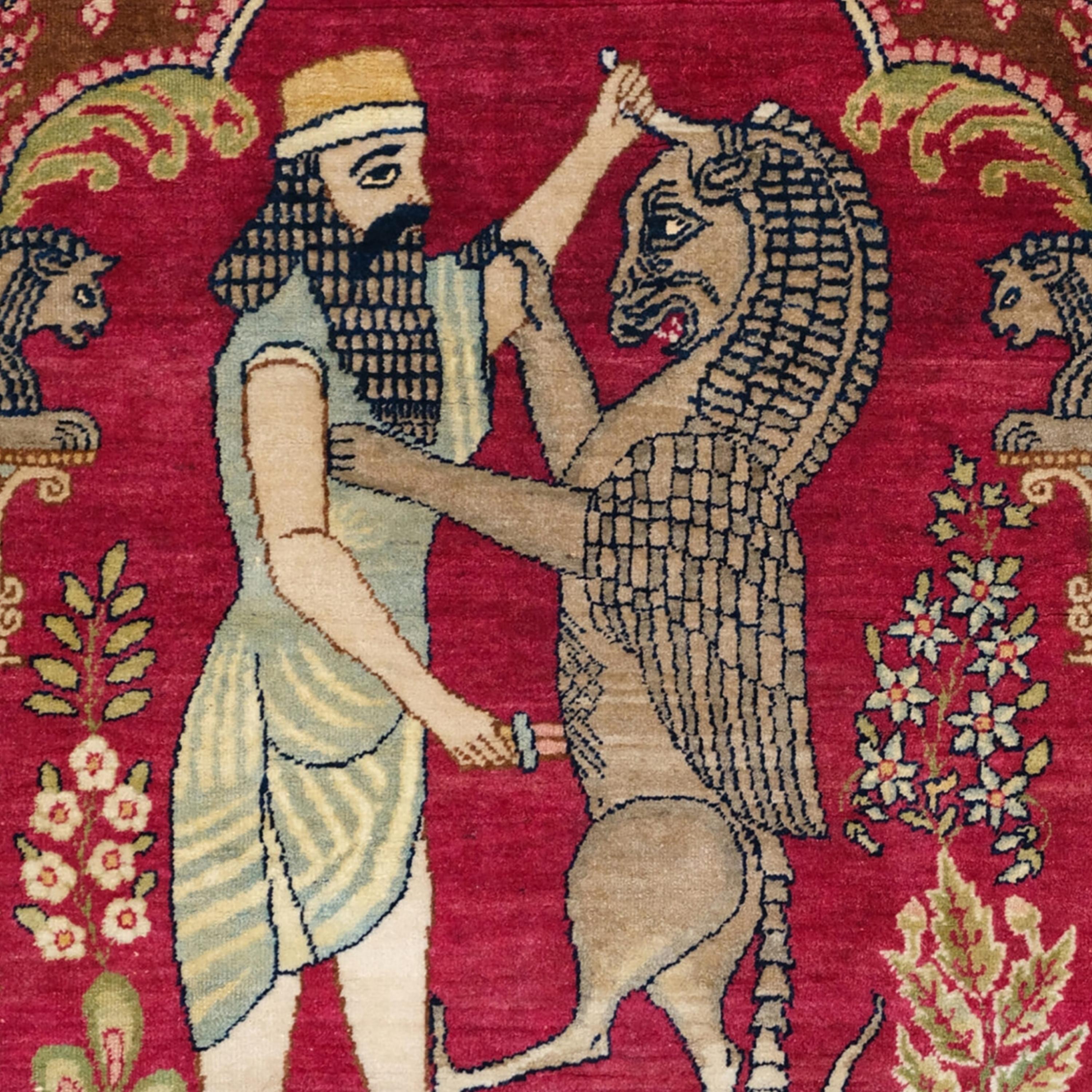 Antiker Kerman-pictorial-Teppich – mythologischer Wandteppich, Löwe und König Darius (Asiatisch) im Angebot
