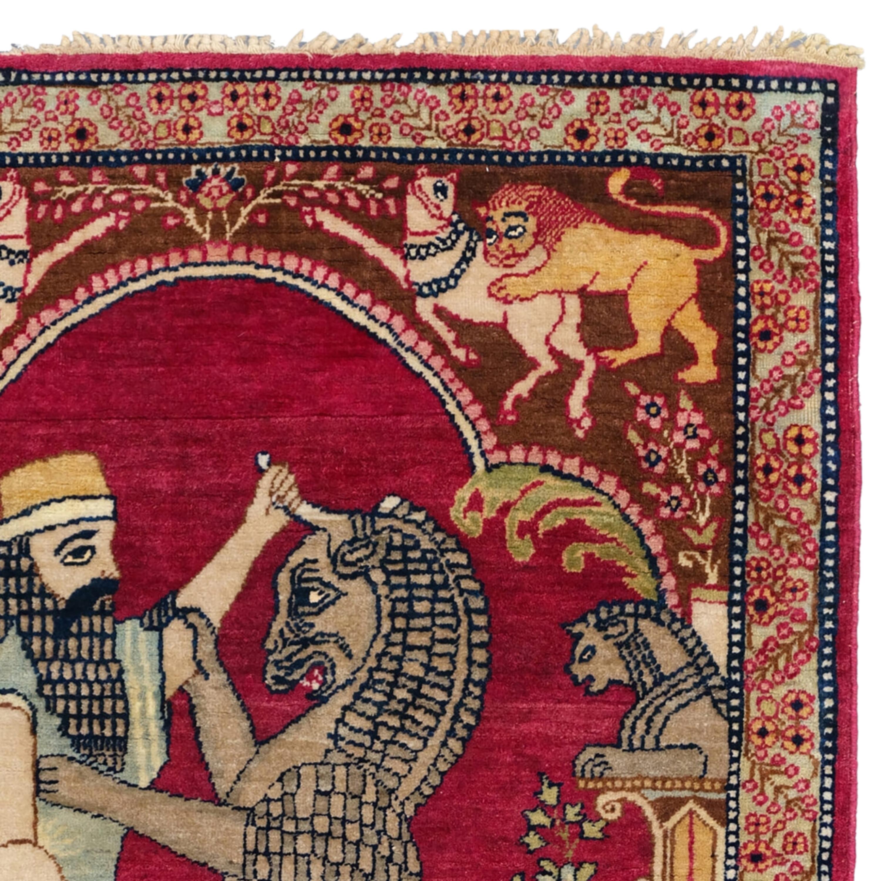 Asian Antique Kerman Pictorial Rug - Mythological Tapestry Lion & King Darius For Sale