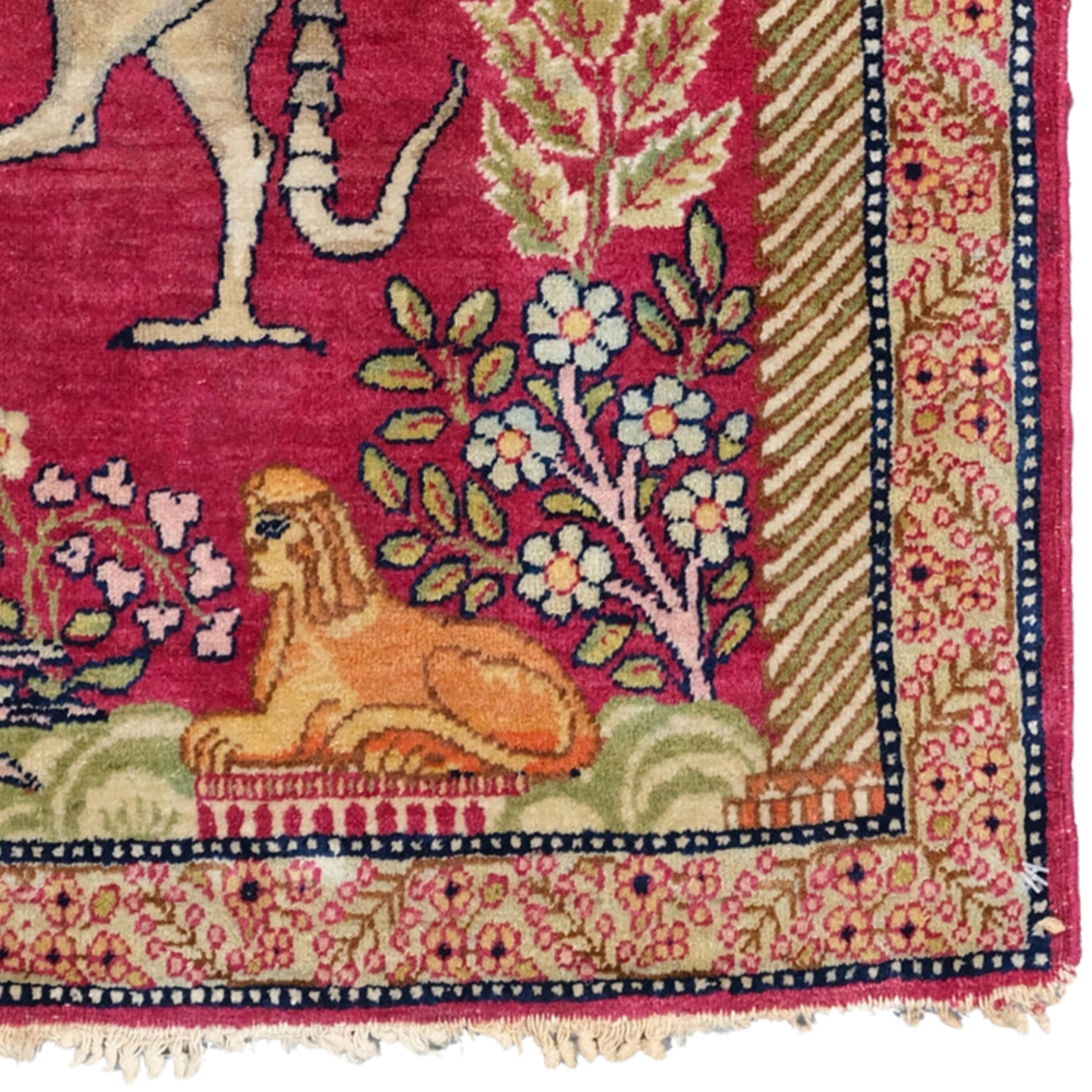 Antique Kerman Pictorial Rug - Mythological Tapestry Lion & King Darius In Good Condition For Sale In Sultanahmet, 34
