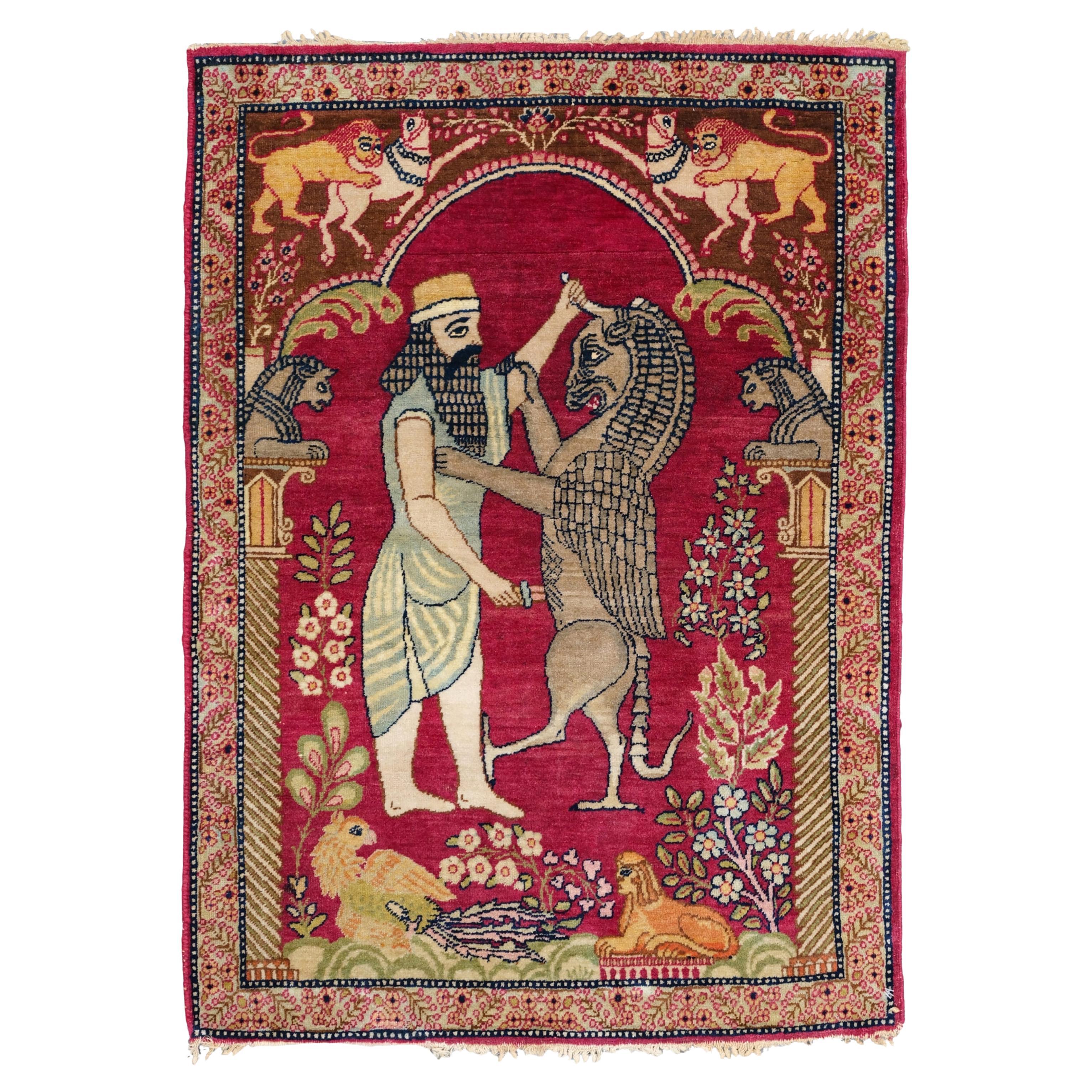 Antique Kerman Pictorial Rug - Mythological Tapestry Lion & King Darius