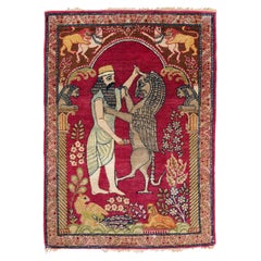 Antique Kerman Pictorial Rug - Mythological Tapestry Lion & King Darius