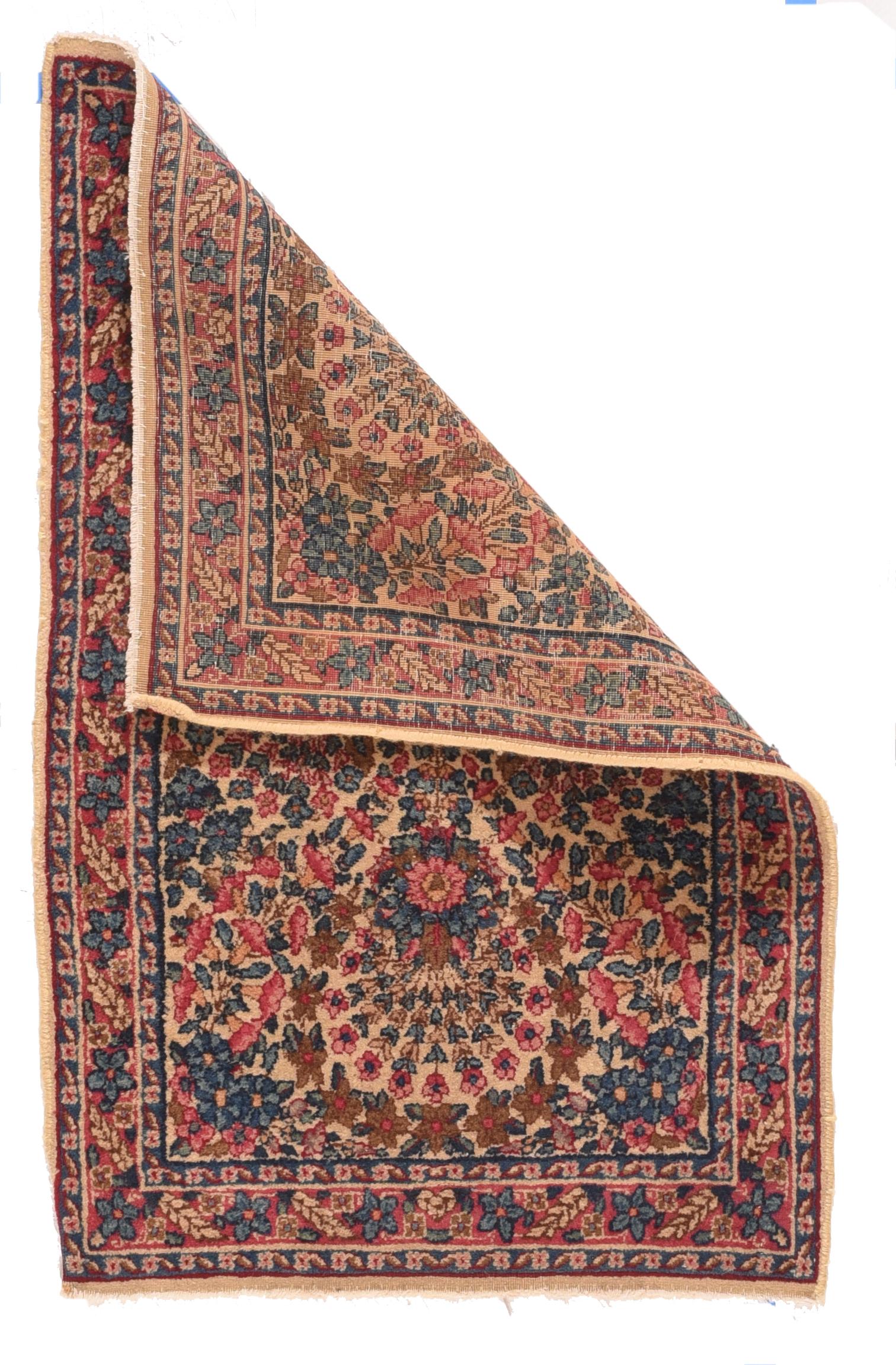 Antique Kerman Rug 2' x 3'1''. This well-woven, Interwar SE Persian city scatter exhibits a straw-sand field with four radiating rosette and multiple straight raceme medallions, with upper and lower swags of red flowers and corner elements of