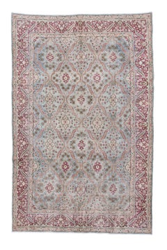 Tapis ancien de Kerman, treillis floral en rose tendre et ciel