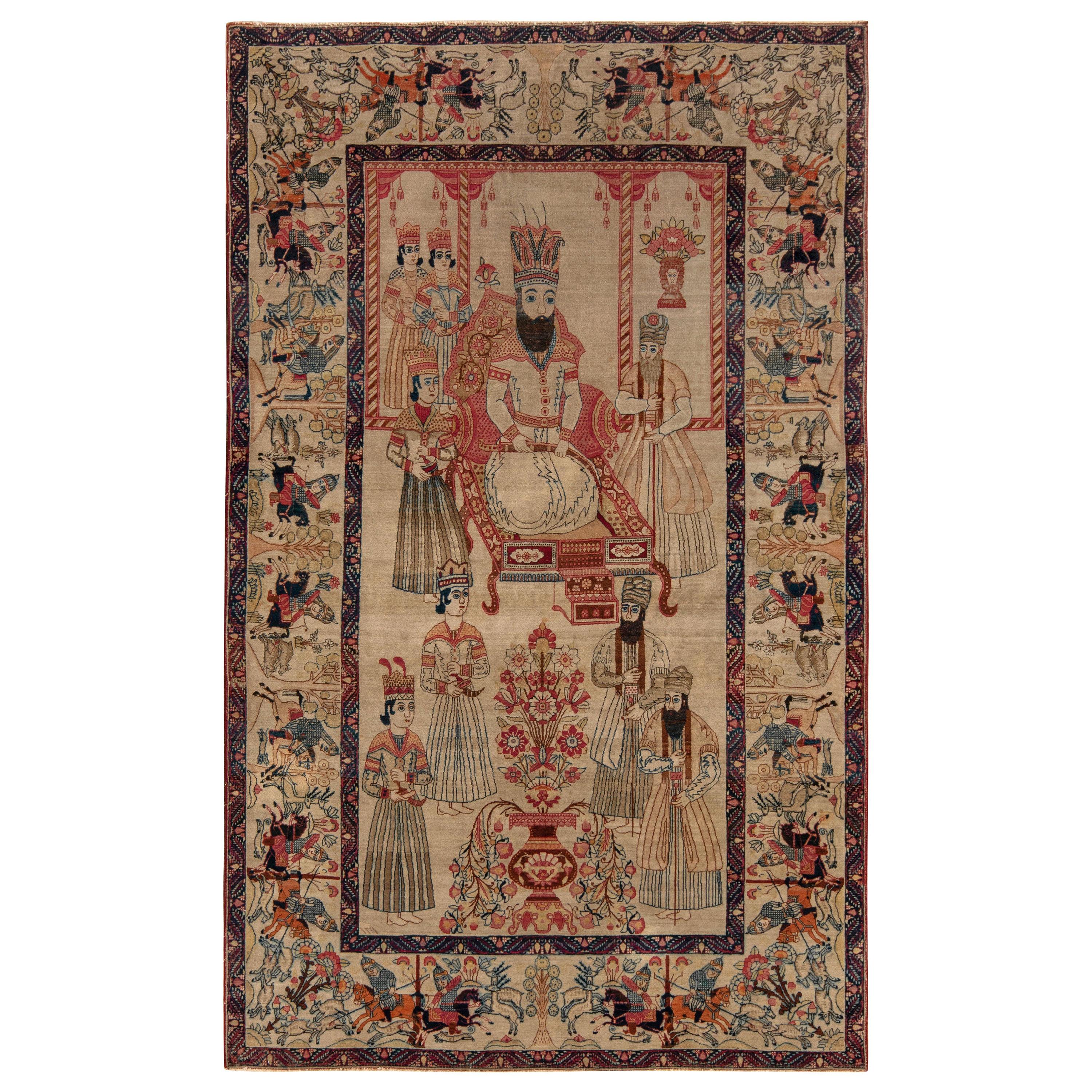  Antique Kerman Rug in Beige-Brown and Red Pictorial Pattern by Rug & Kilim For Sale