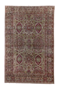 Antique Kerman Style Rug with Cream Field and Red Floral Design