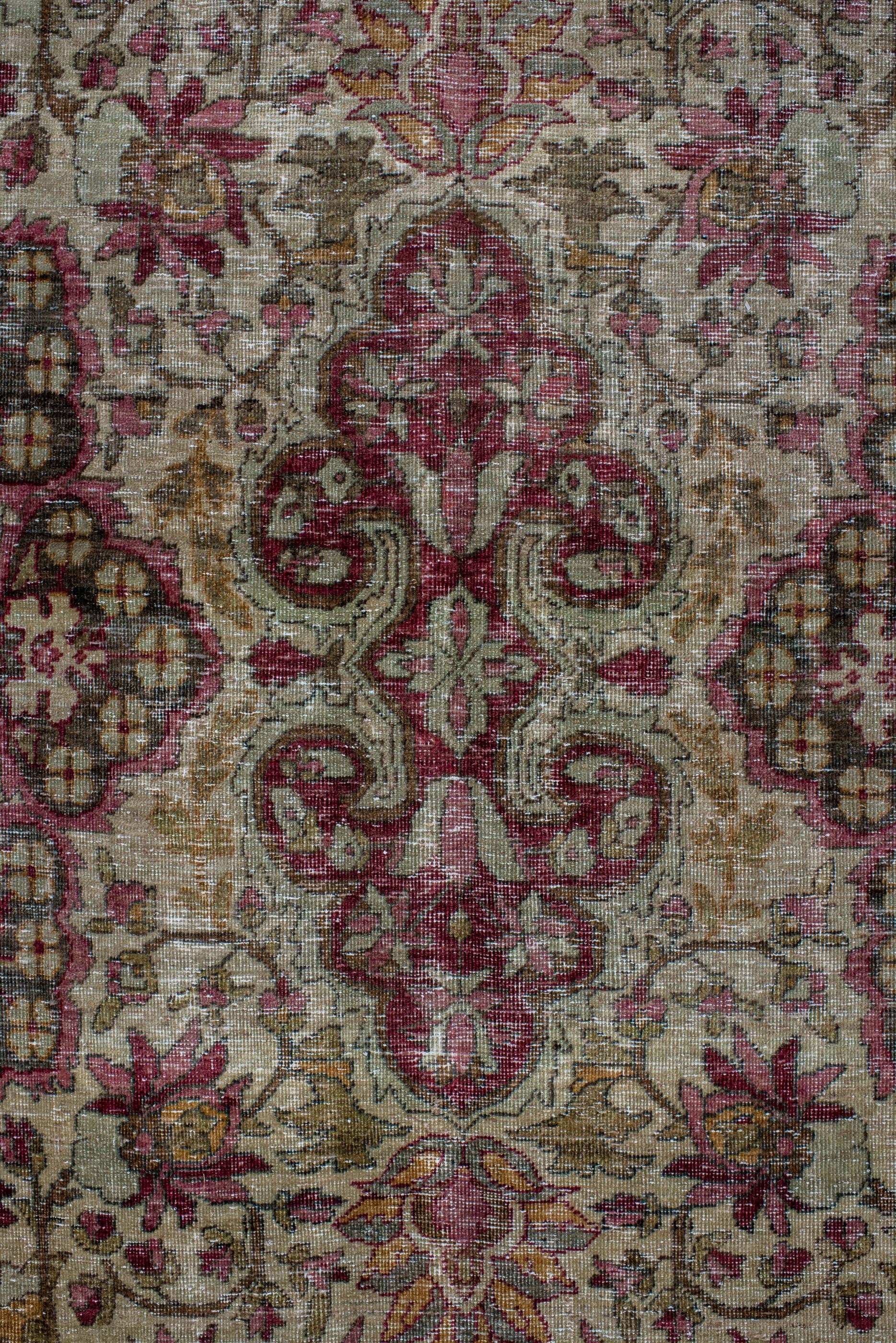 Hand-Knotted Antique Kerman Rug with Cream Field and Red Floral Design For Sale