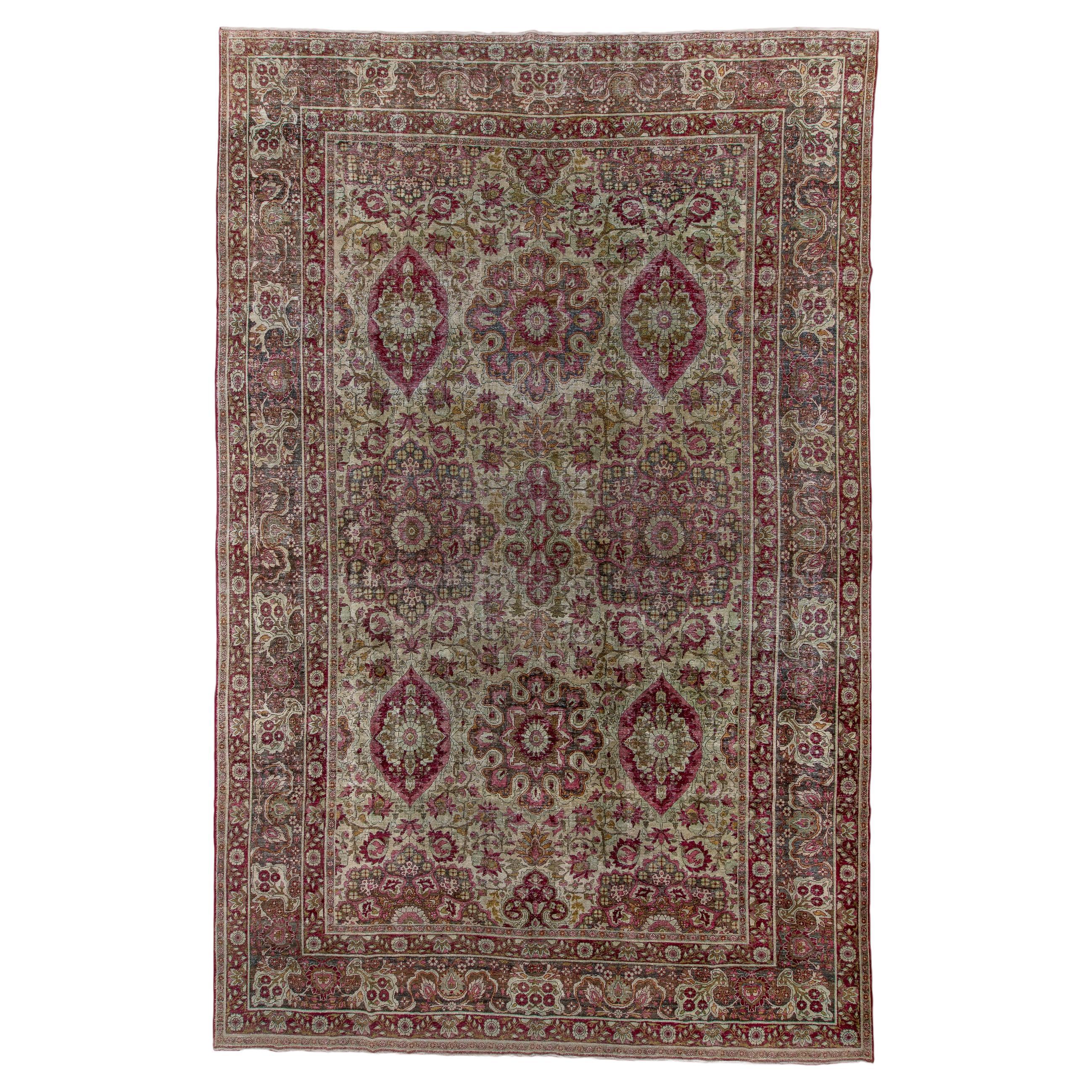 Antique Kerman Rug with Cream Field and Red Floral Design