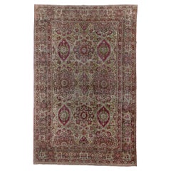 Antique Kerman Rug with Cream Field and Red Floral Design