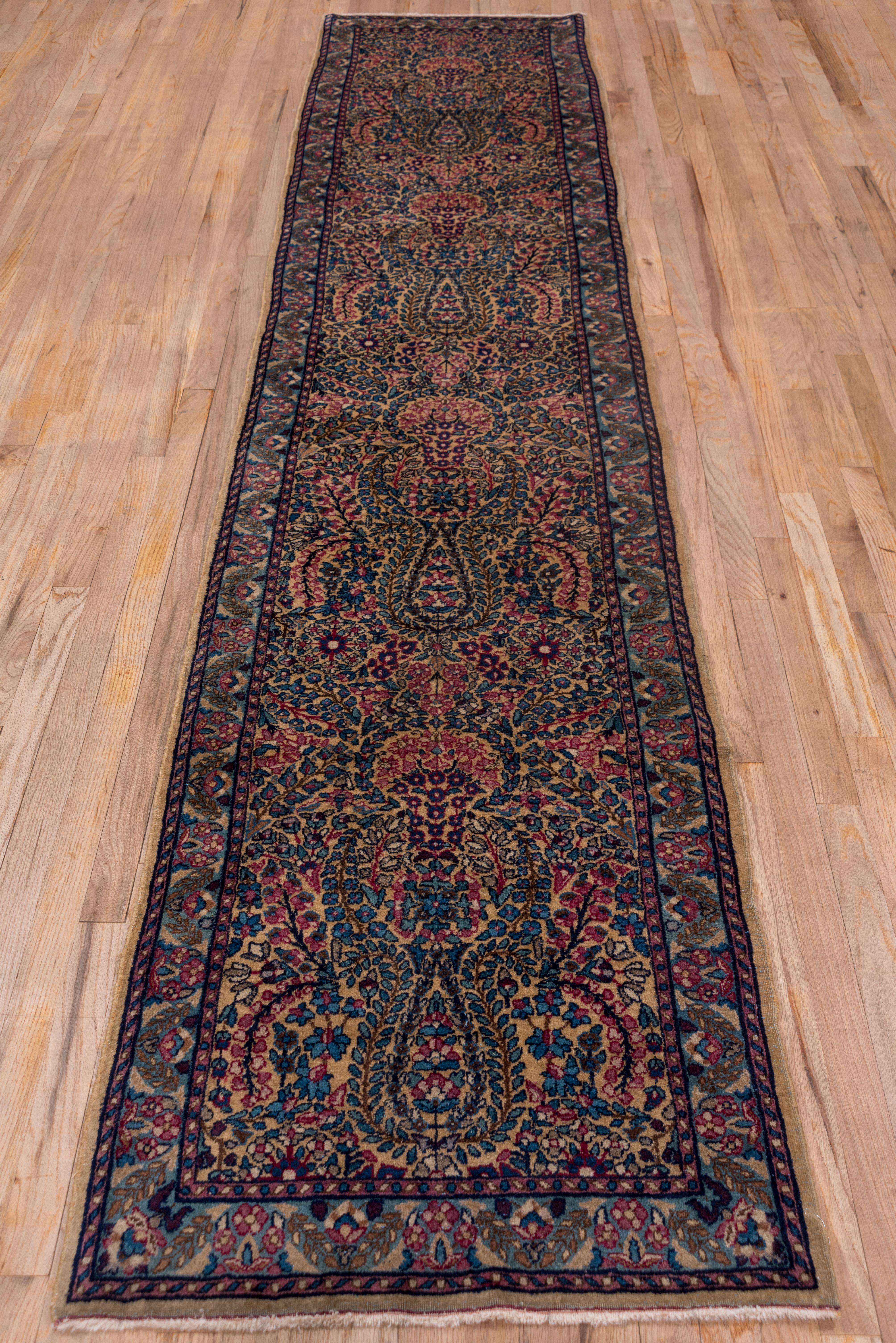 This ivory ground southeast Persian city runner presents a close pattern of vines, tiny leaves and miniature flowers. The green border displays leafy sprays and rosettes. This rug has a close, even weave, and all natural dyes.