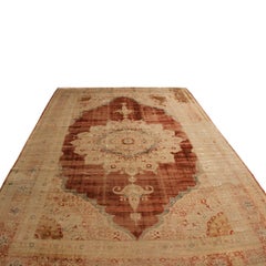 Antique Kerman Traditional Copper Brown and Beige Silk Persian Rug