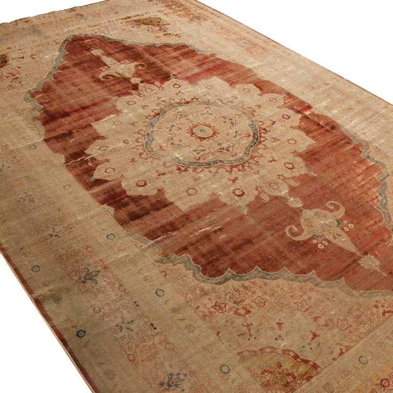 Antique Kerman Traditional Copper Brown and Beige Silk Persian Rug For ...