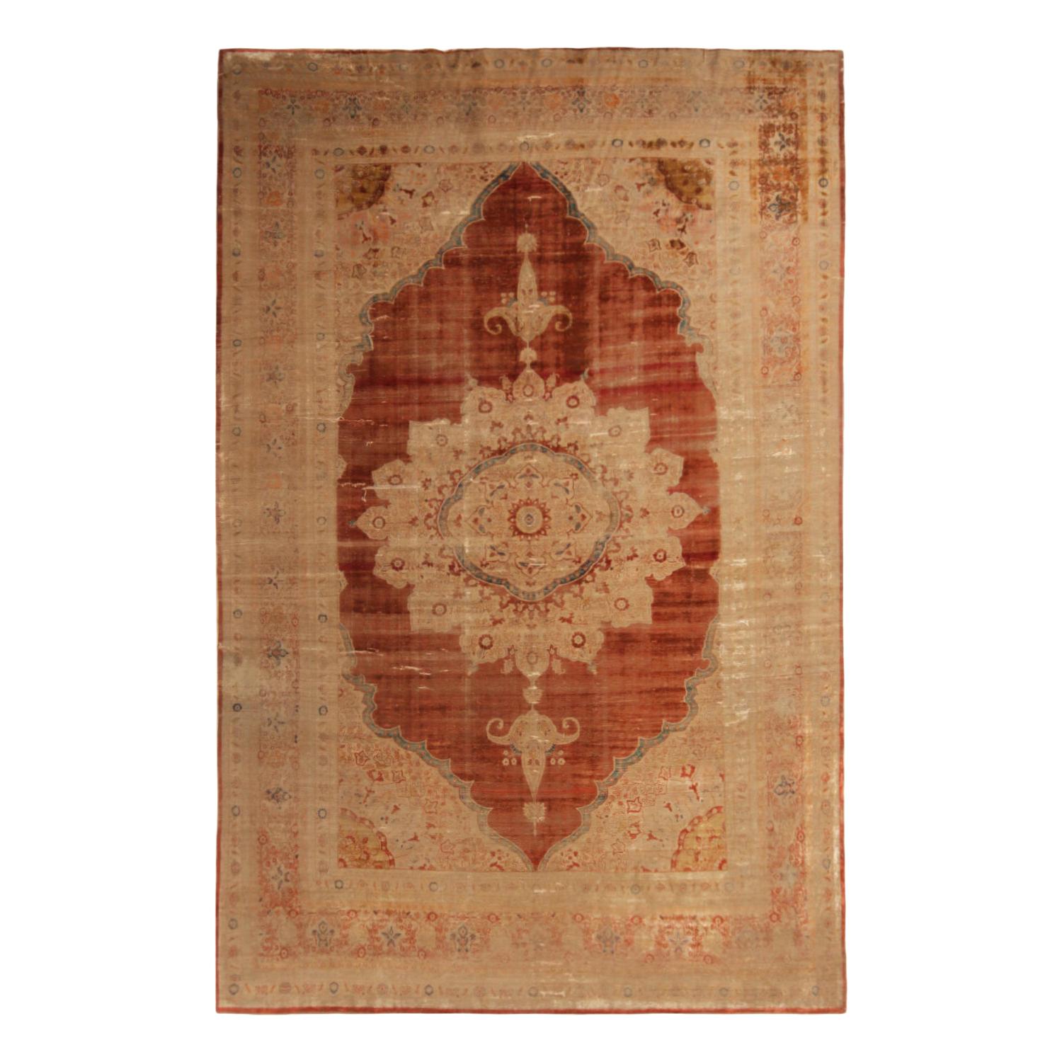Antique Kerman Traditional Copper Brown and Beige Silk Persian Rug