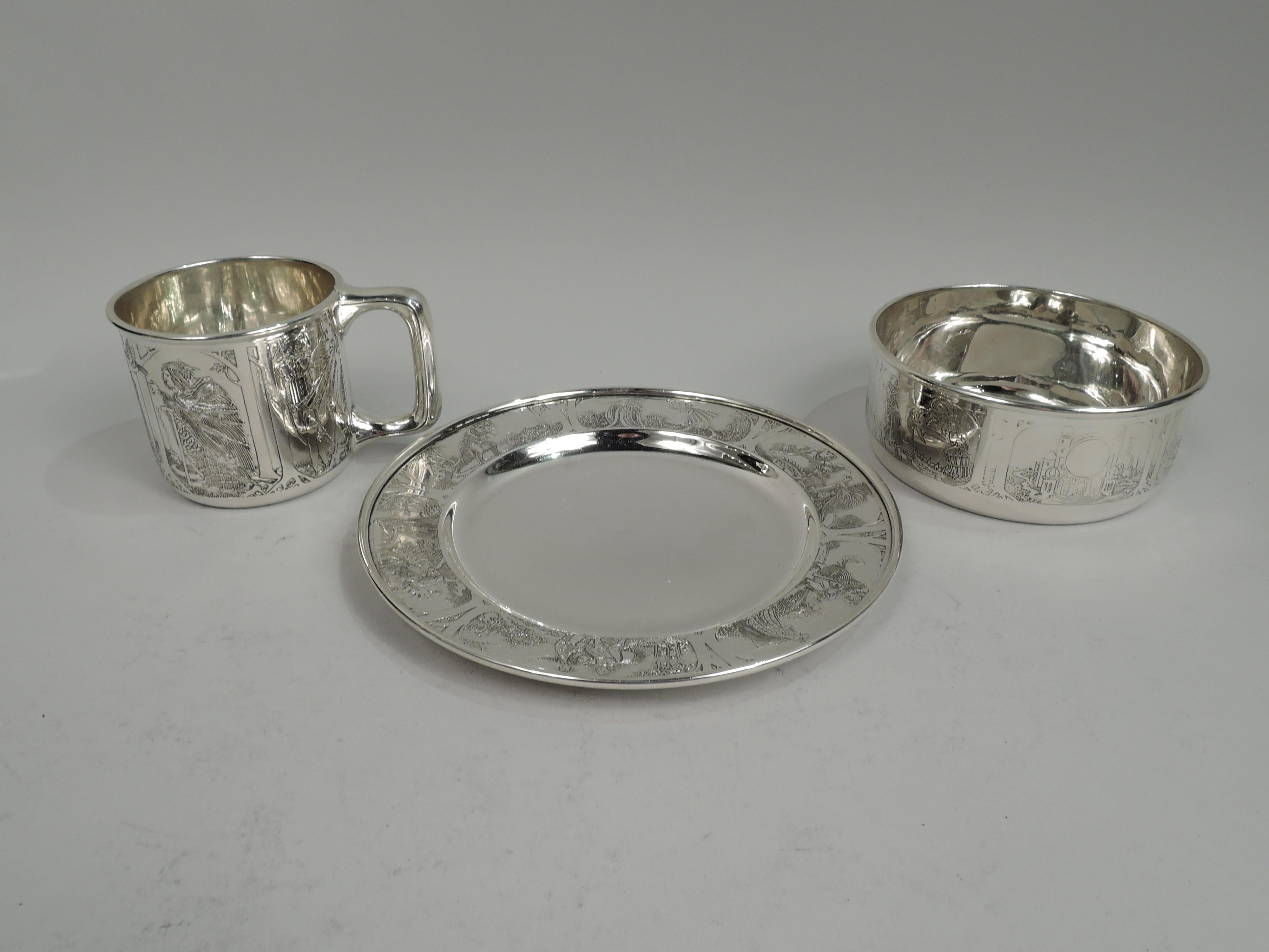 Turn-of-the-century Art Nouveau sterling silver 3-piece baby set. Made by Kerr in Newark. This set comprises cup, bowl, and plate. Acid-etched tree-framed fairytale scenes depicting beguiling maidens, stooped crones, and credulous children. Two