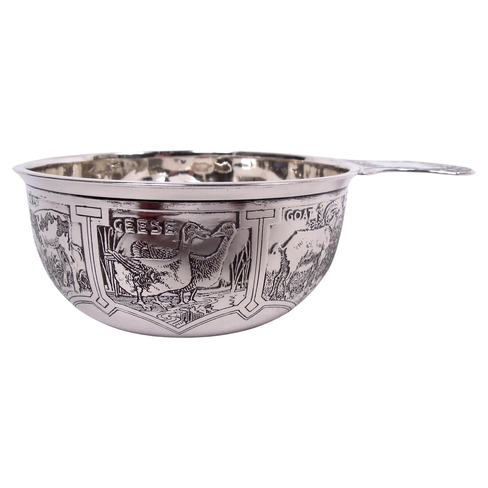 Antique Kerr American Edwardian Sterling Silver Sweet Beast Porringer For Sale