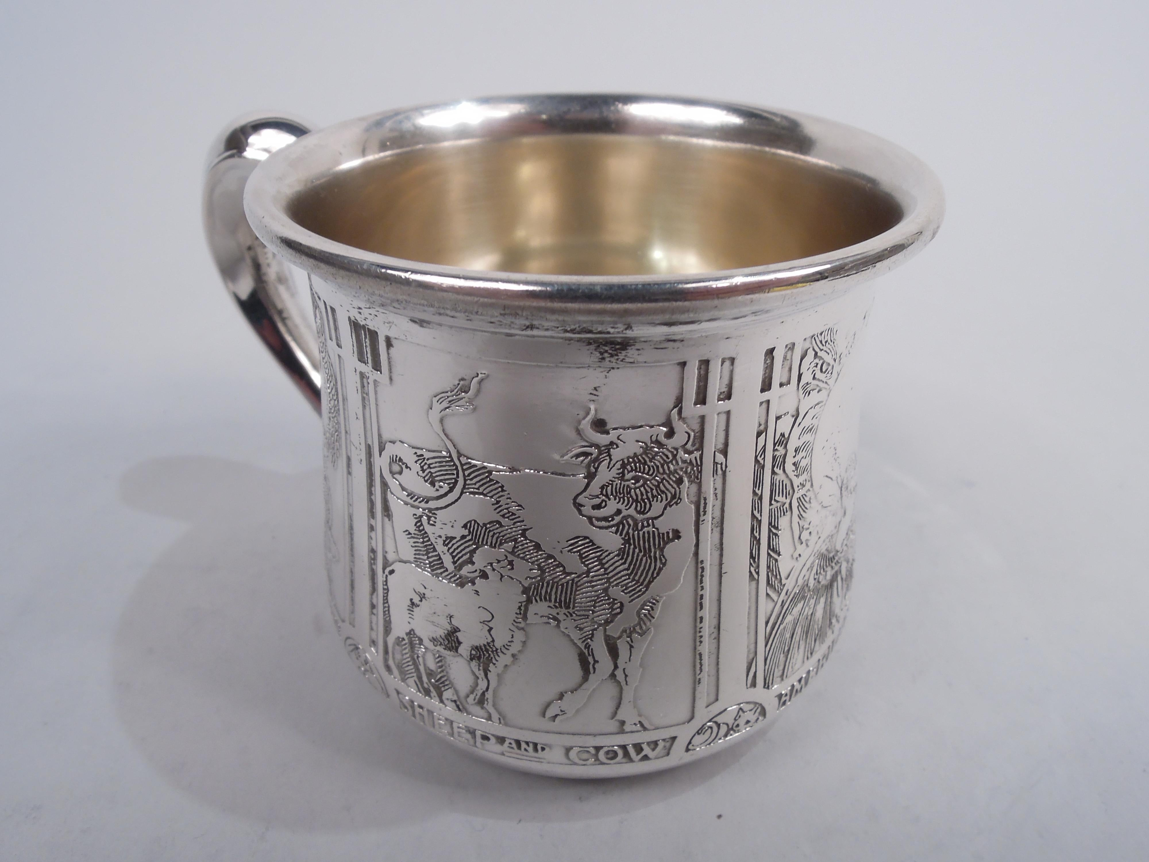 Edwardian Antique Kerr Sterling Silver Baby Cup with Super Sweet Animals For Sale