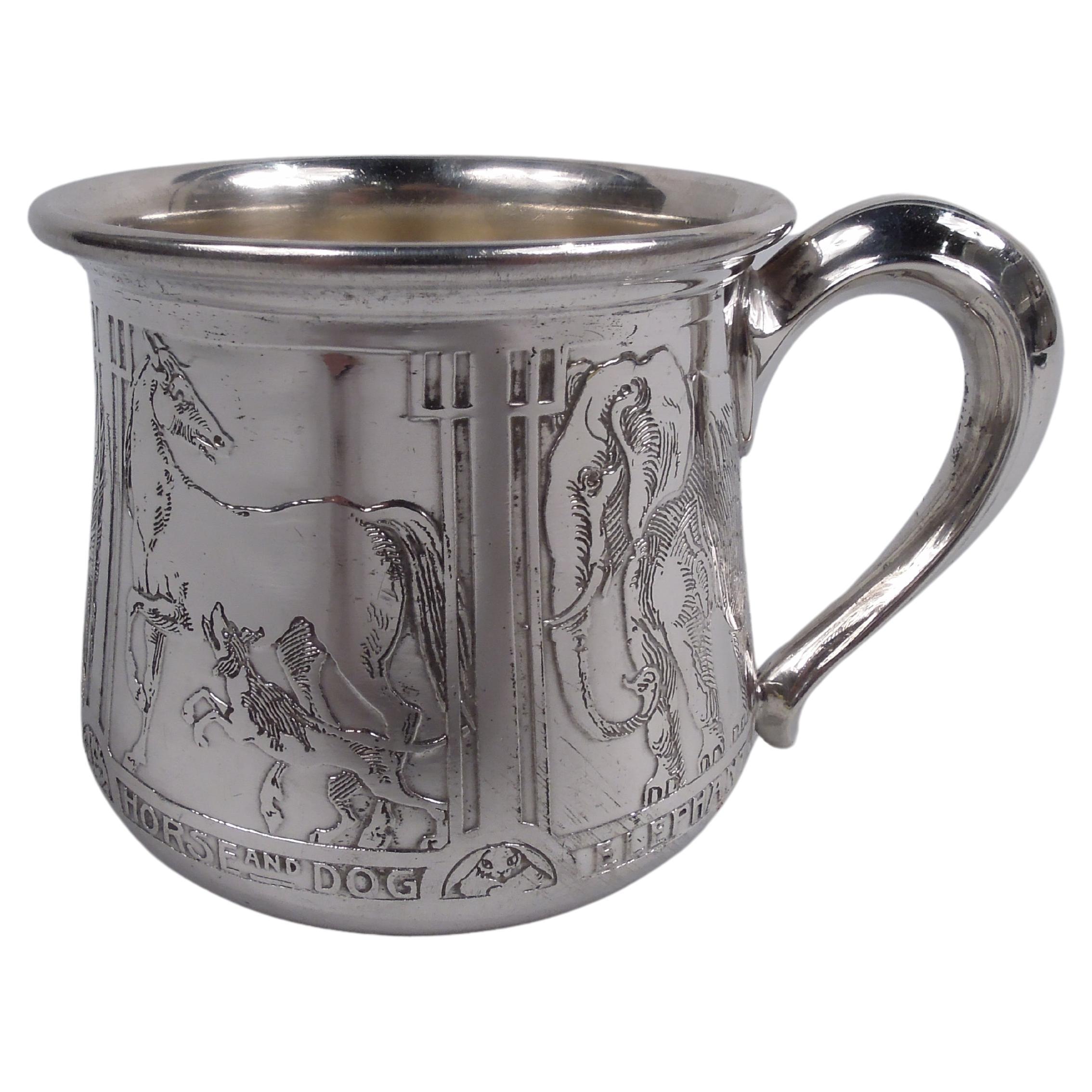 Antique Kerr Sterling Silver Baby Cup with Super Sweet Animals For Sale