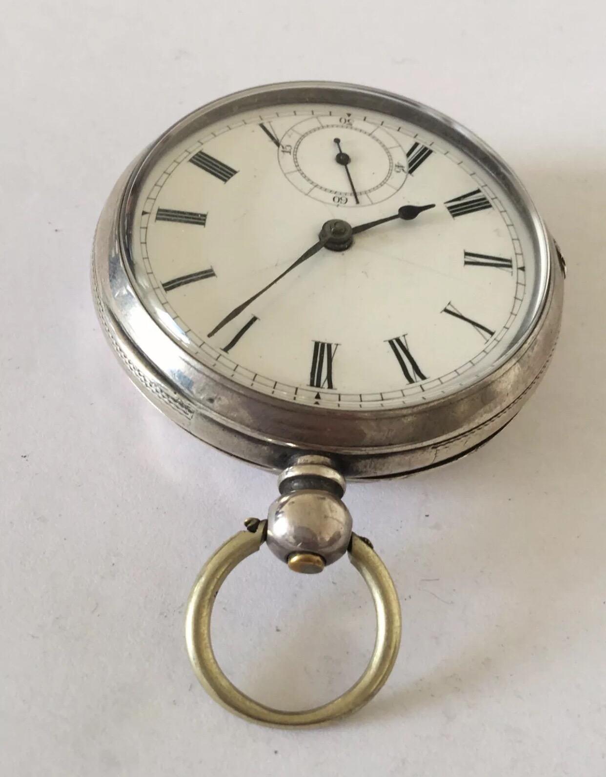 
Antique Key-wind Silver Hallmarked Birmingham c.1882 Pocket Watch.

This heavy watch is working and ticking well. Some hairline cracks on the enamel dial and tiny dents on the silver back cover reflect its age but amazingly accurate timing.