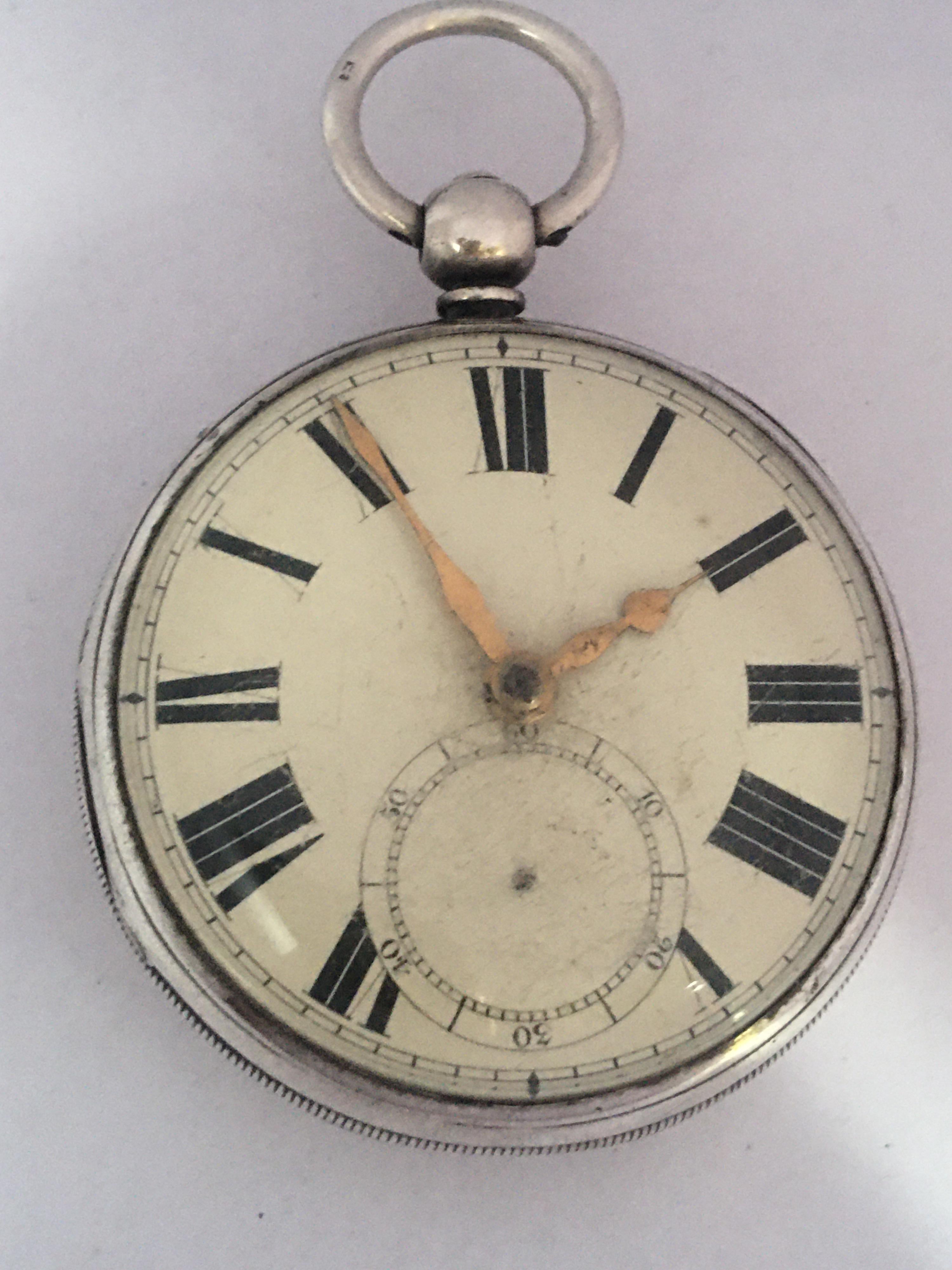 This beautiful antique 51mm diameter mechanical silver pocket watch is in good working condition and it is ticking well. Visible signs of ageing and wear with some scratches on the glass and on the watch case as shown. Some dents on the silver case