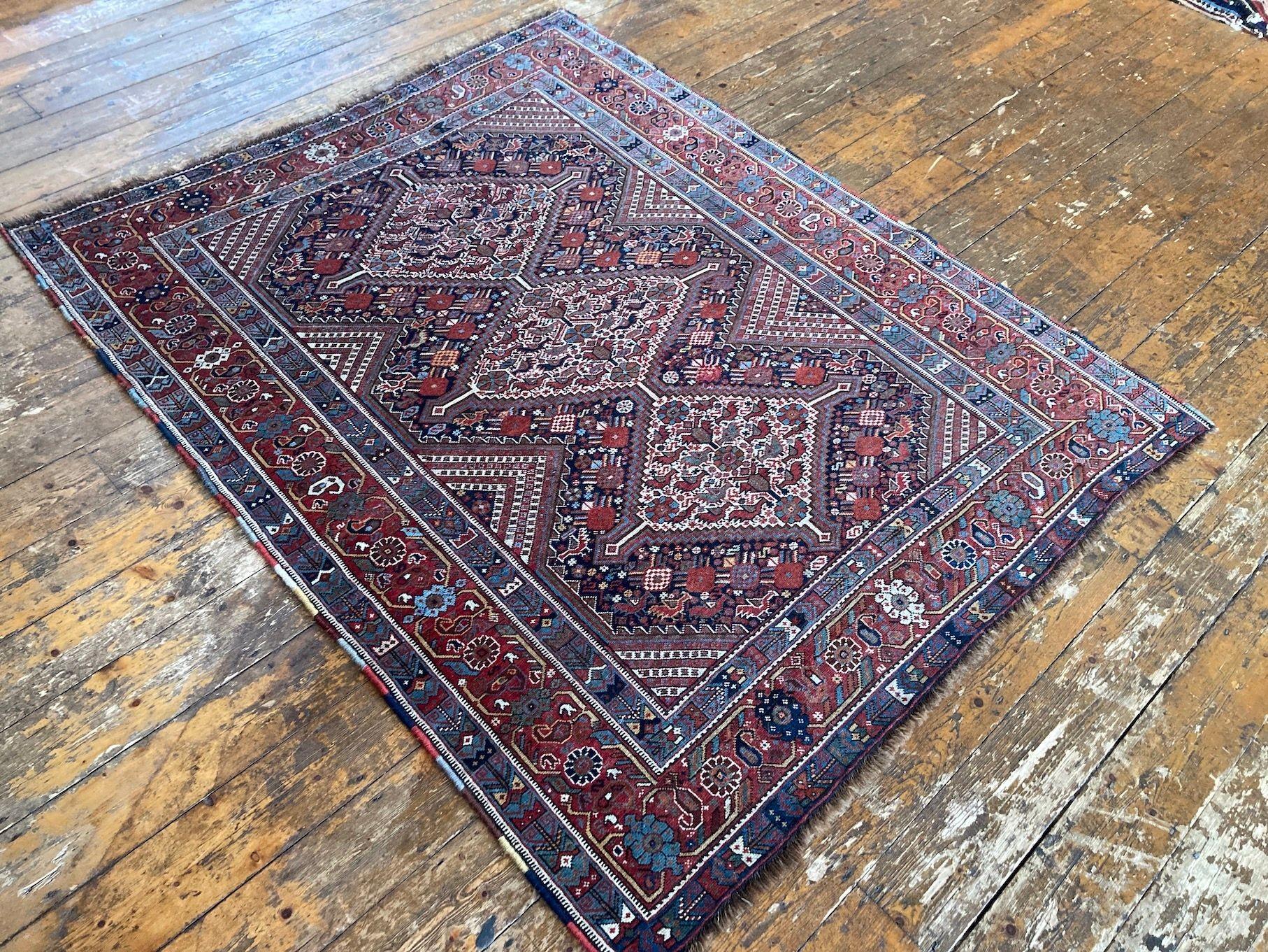 Lana Tappeto antico Khamseh 1,78m X 1,45m in vendita