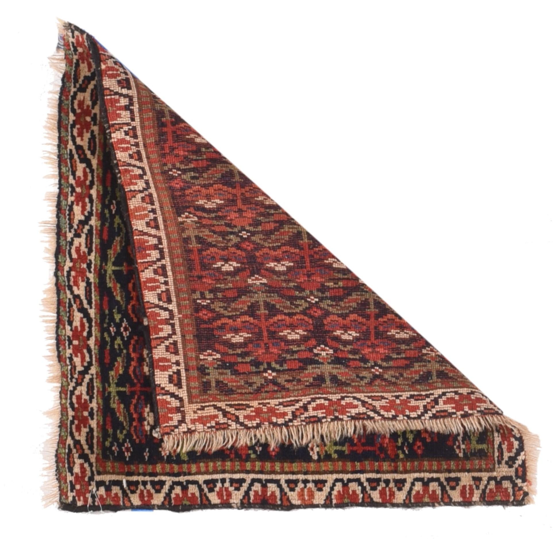 Antique Khamseh Rug 1.8'' x 1.8''. The navy field displays characteristic Kurdish flowers in offset, half-drop rows, all detailed in ecru, green, yellow and red. Ivory border of small, winged ultra-simple palmettes. All sides reduced. Fair