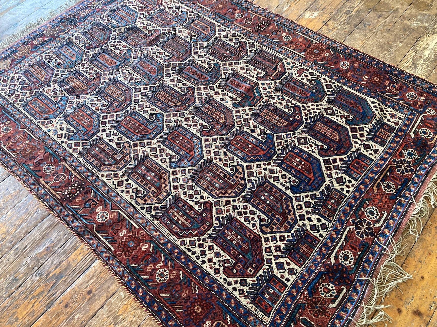 Antiker Khamseh-Teppich 1,90 m x 1,39 m (Wolle) im Angebot