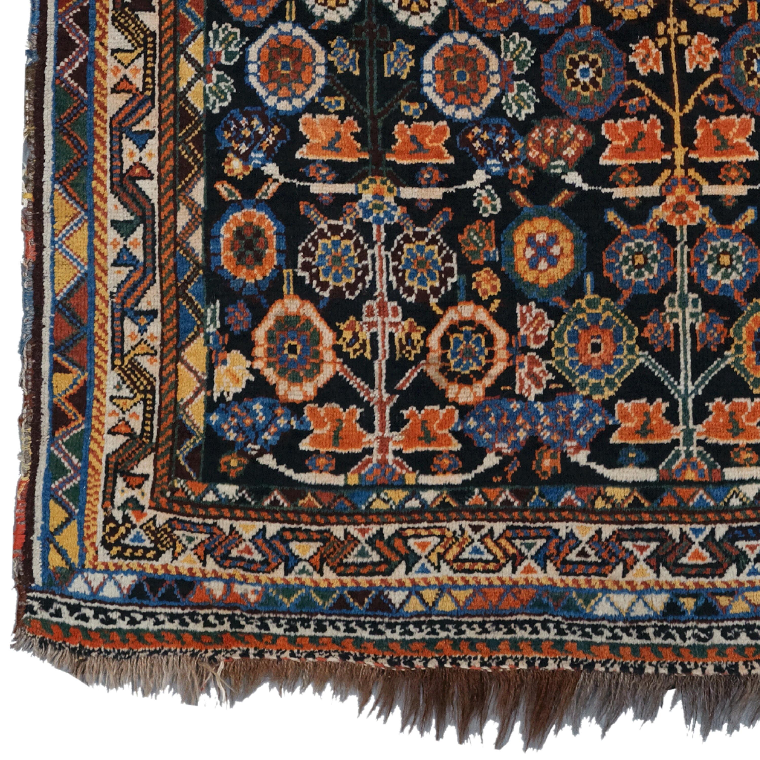 Antique Khamseh Rug
19th Century Khamseh Rug
Size: 102x152 cm  3,34x4,98 Ft

This 19th-century Khamseh carpet is one of the most outstanding examples of its period. This dazzling work, with its rich color palette and detailed patterns, is unique in
