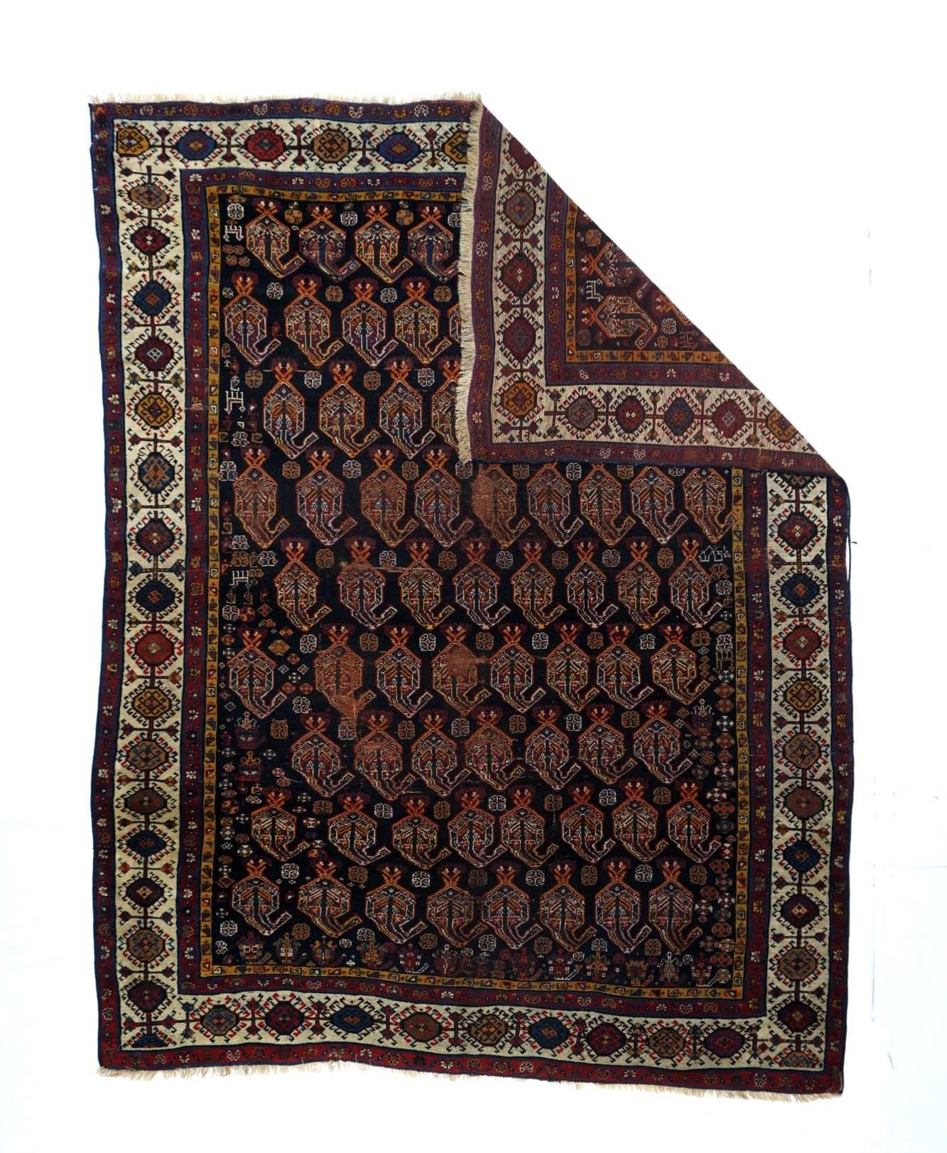 Antiker Khamseh-Teppich 5'9'' x 7'5''. Die Nicht-Qashghai-Stämme in Südwest-Persien weben eine große Vielfalt an geometrischen und abstrakten Mustern und Taschen. Die besten Weber sind die Baharlu türkischer Abstammung, die sowohl symmetrische als