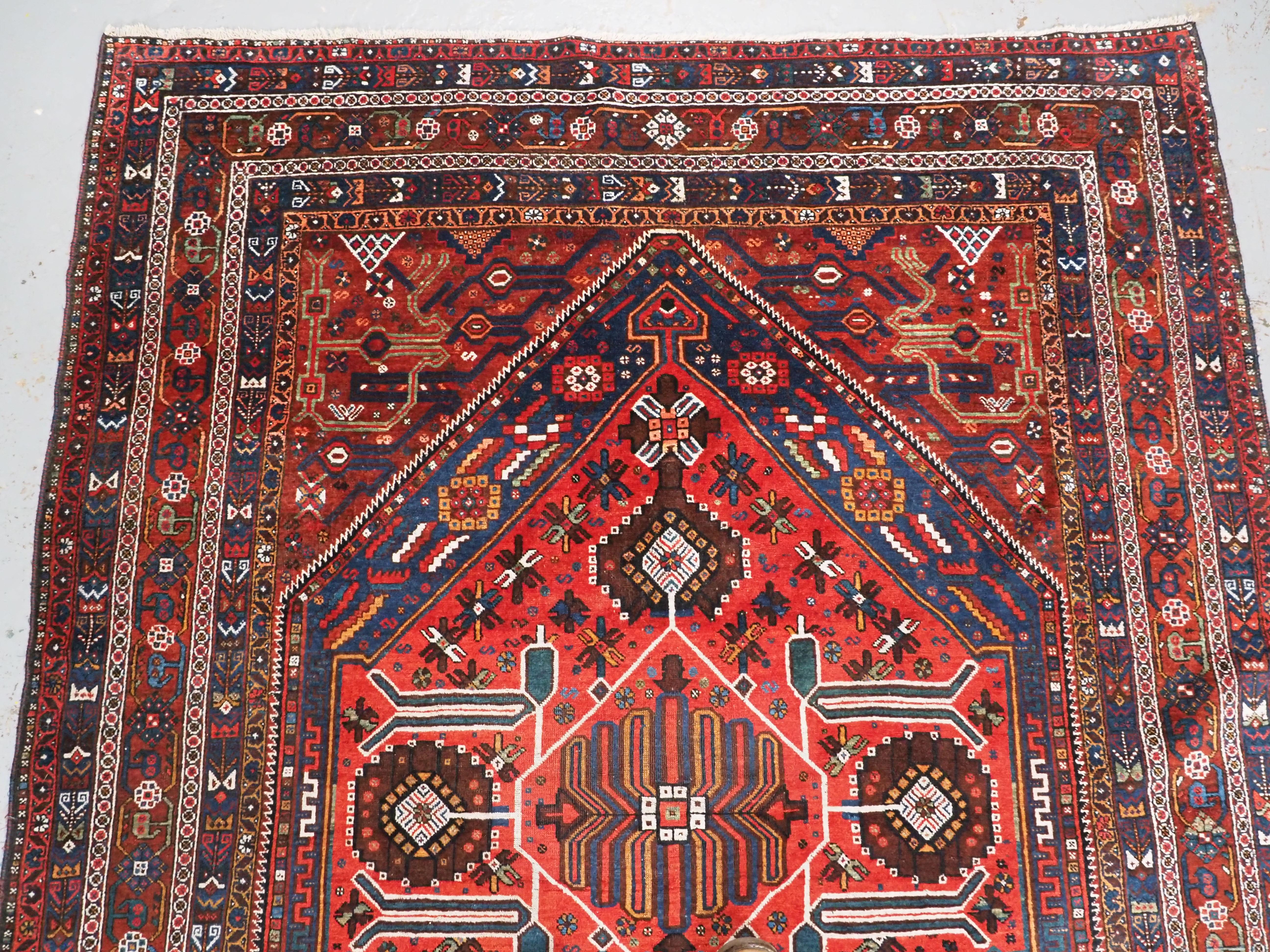 Asian Antique  Khamseh Rug with large medallion design.  Circa 1900. For Sale