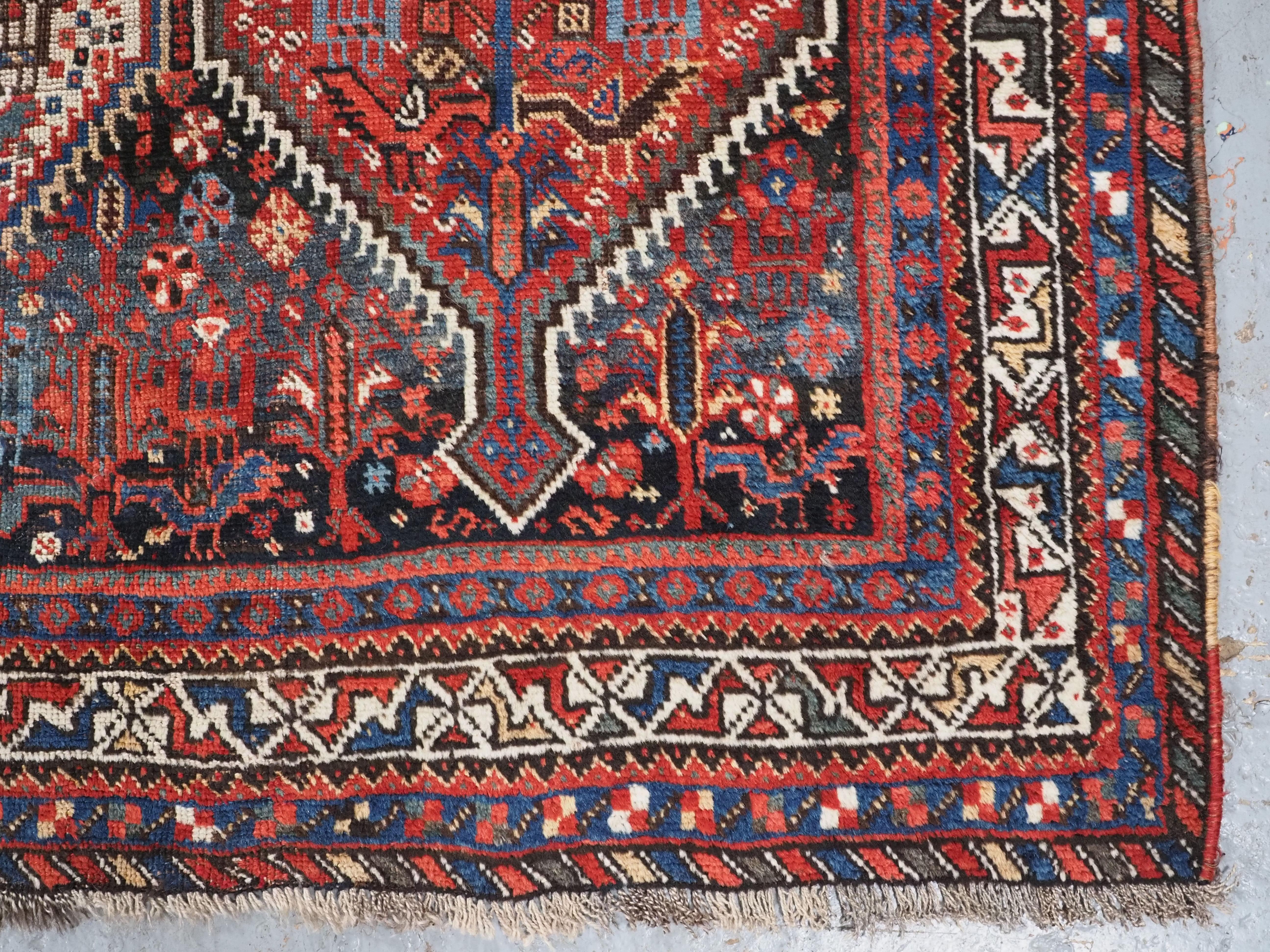 Antique  Khamseh tribal rug of bird medallion design.  Circa 1900. For Sale 6