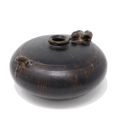 Antique Khmer Brown Glazed Zoomorphic Compressed Ewer with Loop Handle