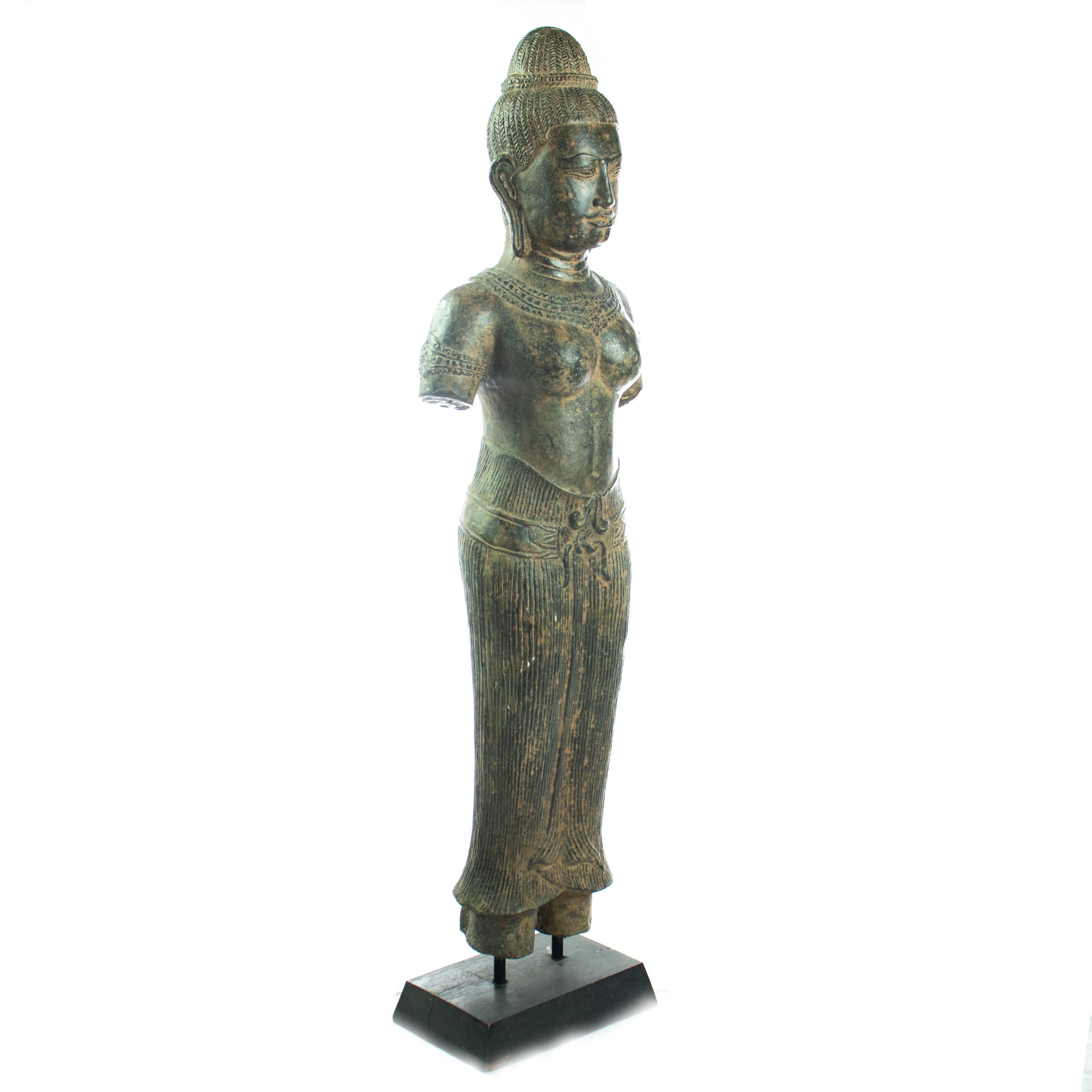 20th Century Antique Khmer Style Bronze Stand Figure Carved Vishnu Asian Art Lakshmi Statue For Sale