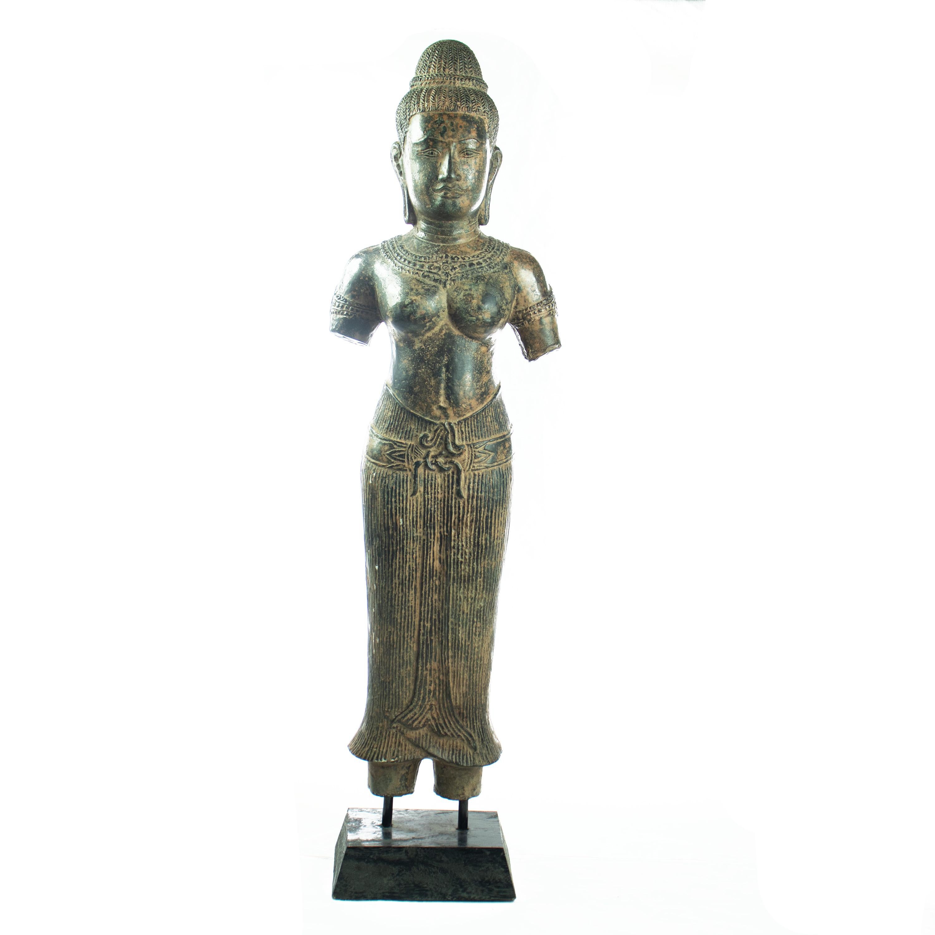 Chinese Antique Khmer Style Bronze Stand Figure Carved Vishnu Asian Art Lakshmi Statue For Sale