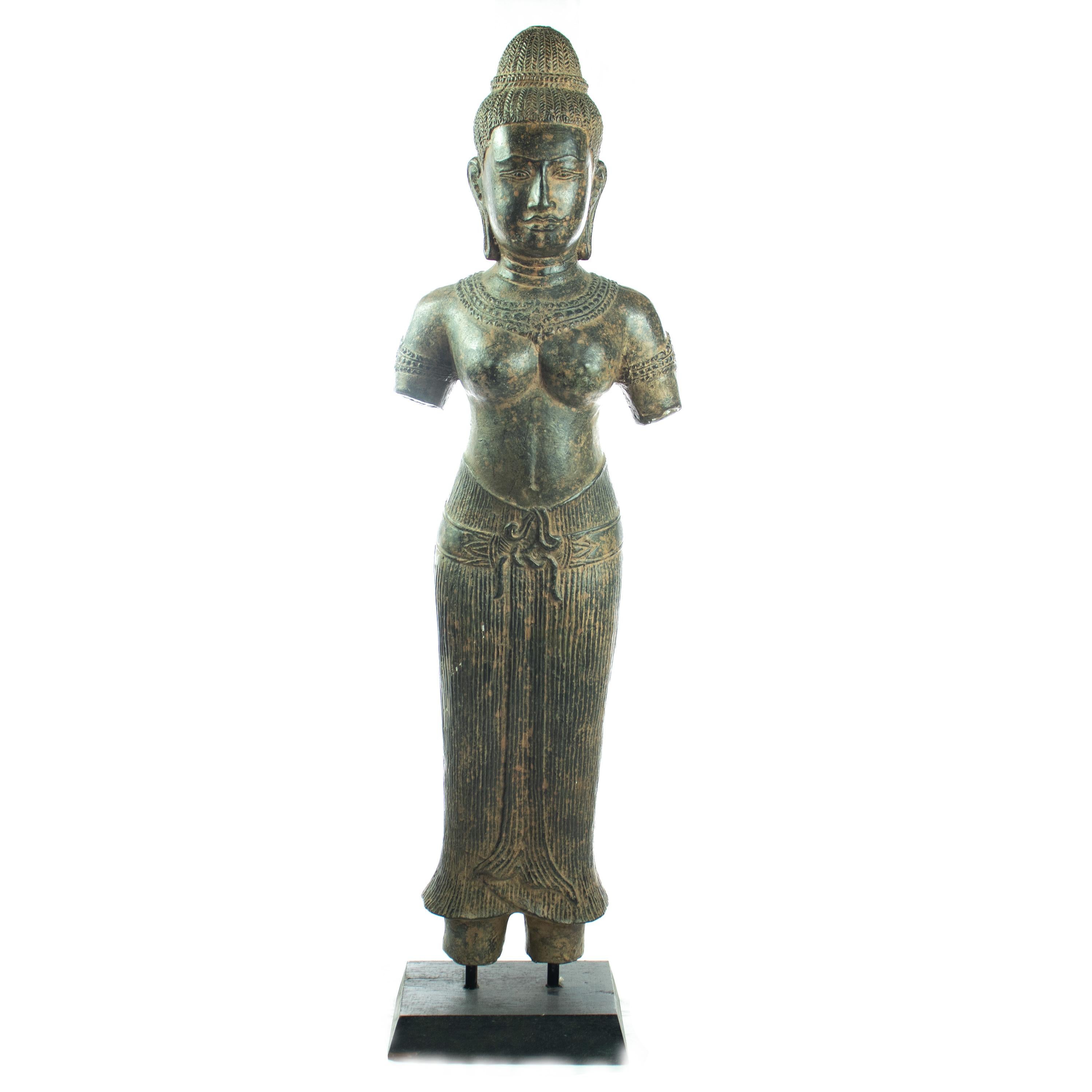 Hand-Carved Antique Khmer Style Bronze Stand Figure Carved Vishnu Asian Art Lakshmi Statue For Sale