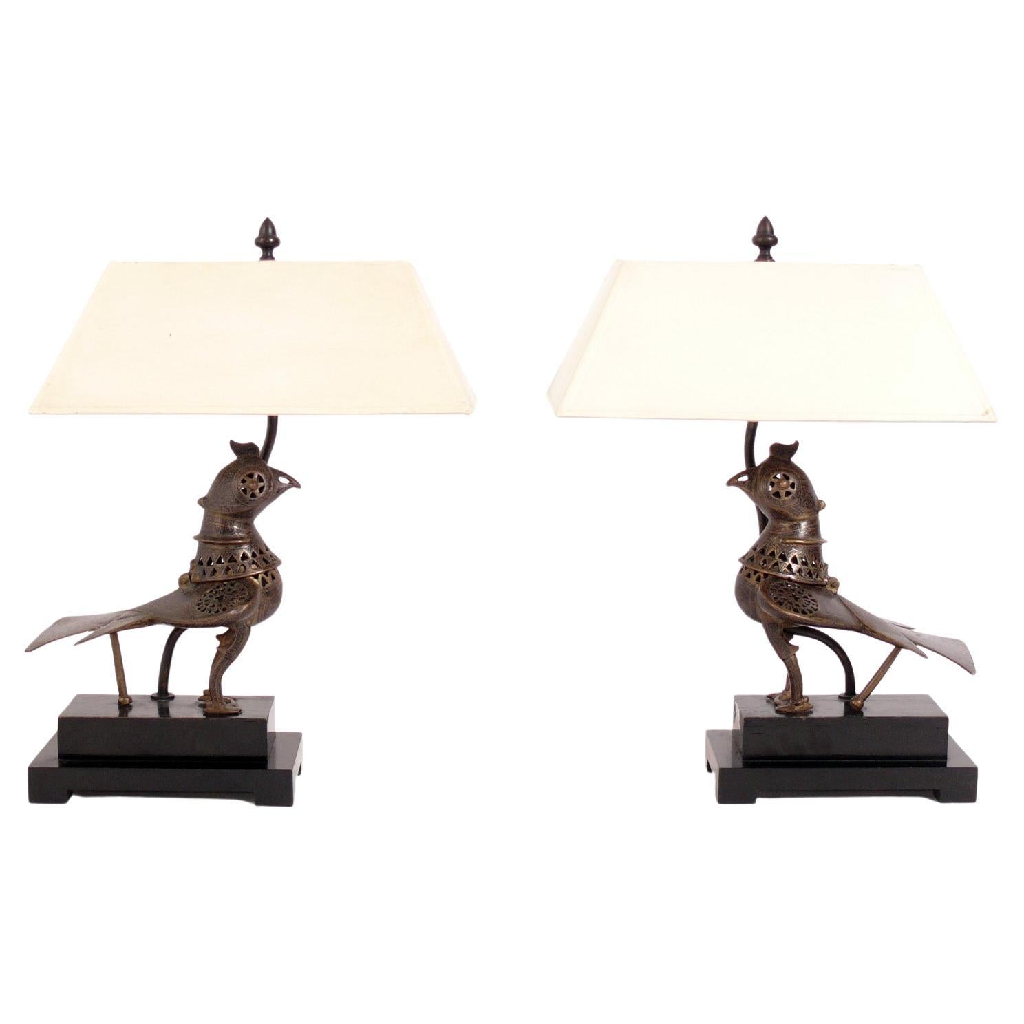 Antique Khorasan Brass Bird Lamps Tony Duquette Era Mid Century Modern