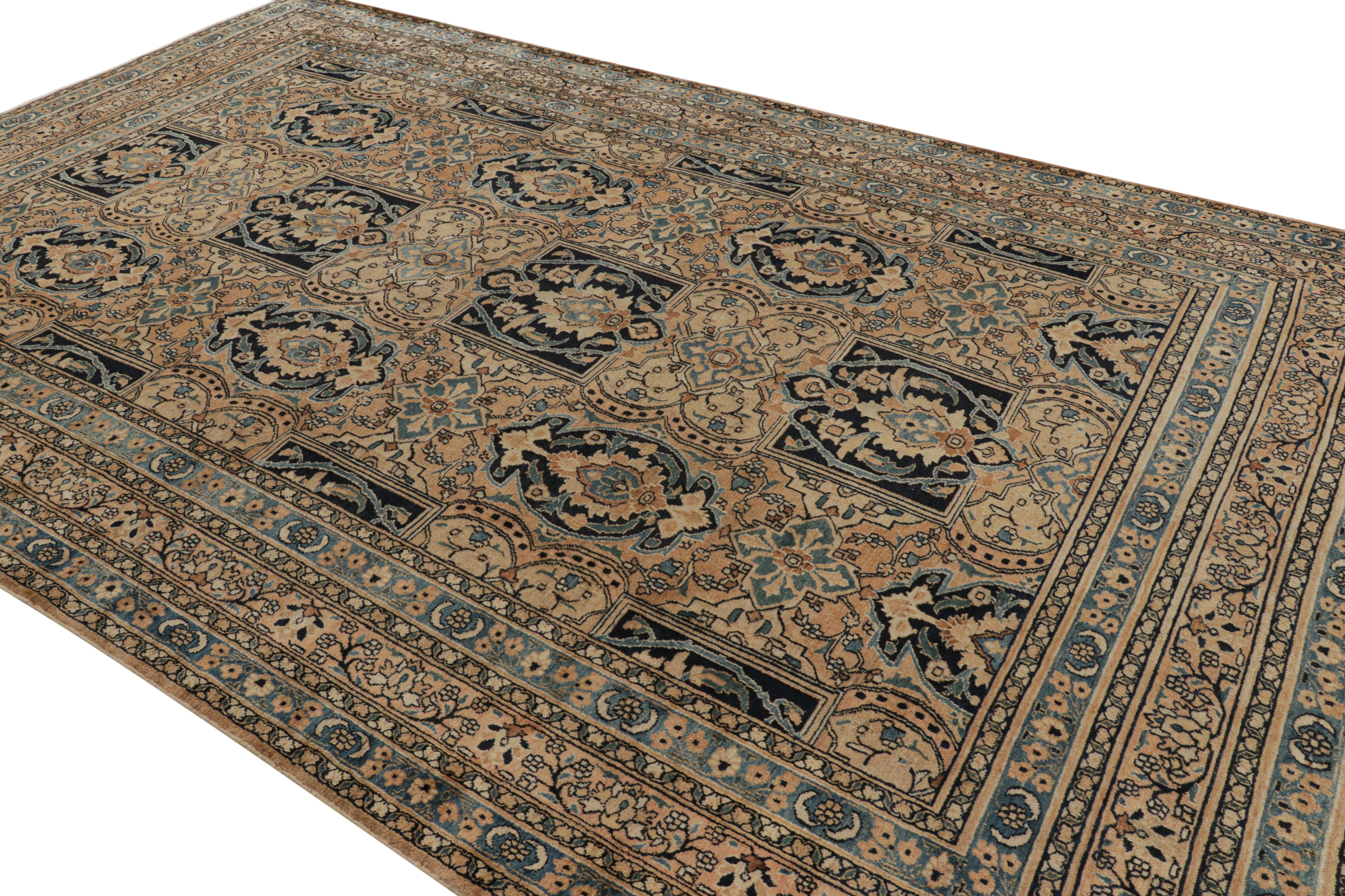 Early 20th Century Antique Khorassan Persian Rug, Camel and Dark Blue Floral Patterns - Rug & Kilim For Sale