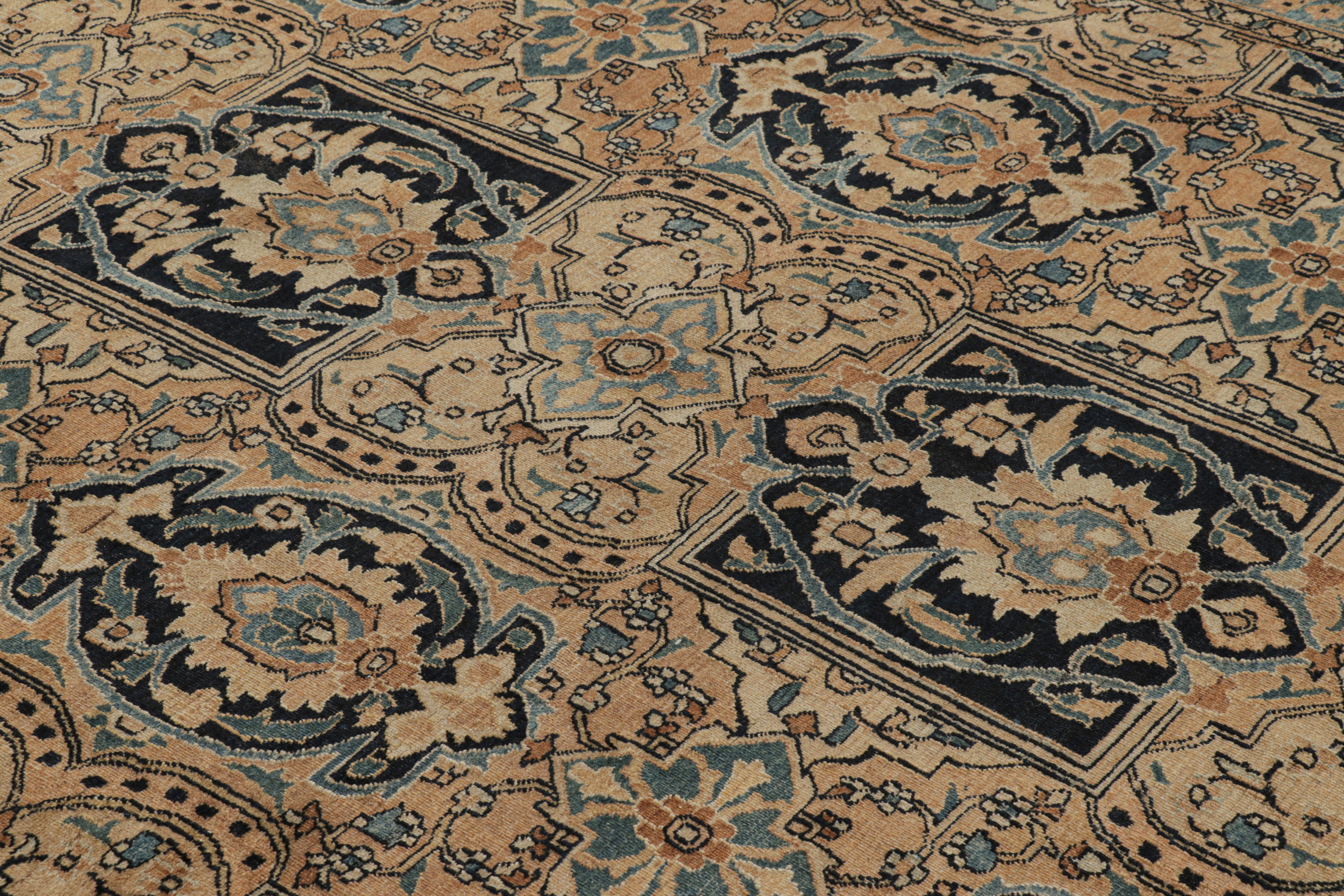 Wool Antique Khorassan Persian Rug, Camel and Dark Blue Floral Patterns - Rug & Kilim For Sale