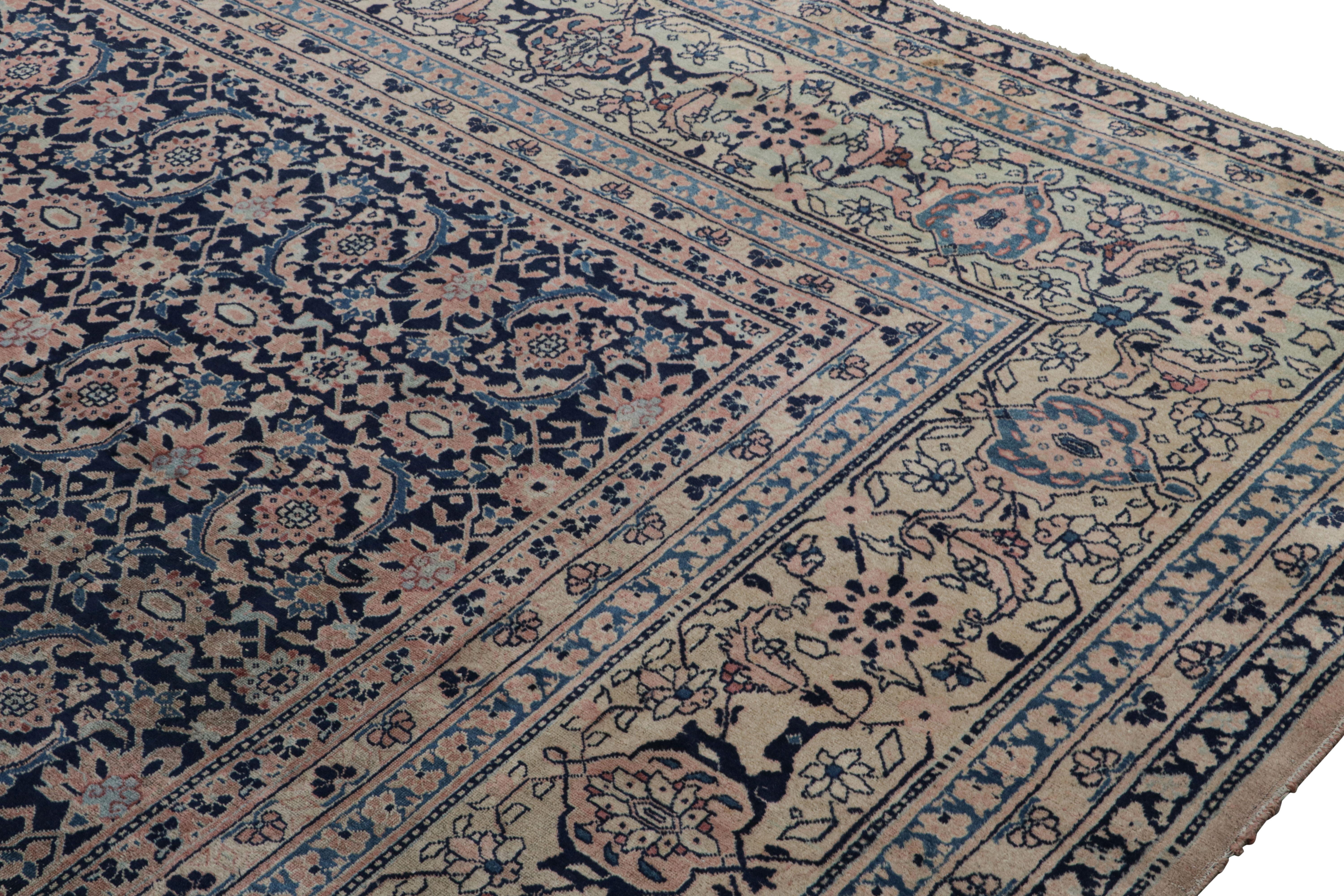 Khorassan Antique Tabriz Persian Rug in Blue & Gold With Floral Patterns, From Rug & Kilim For Sale