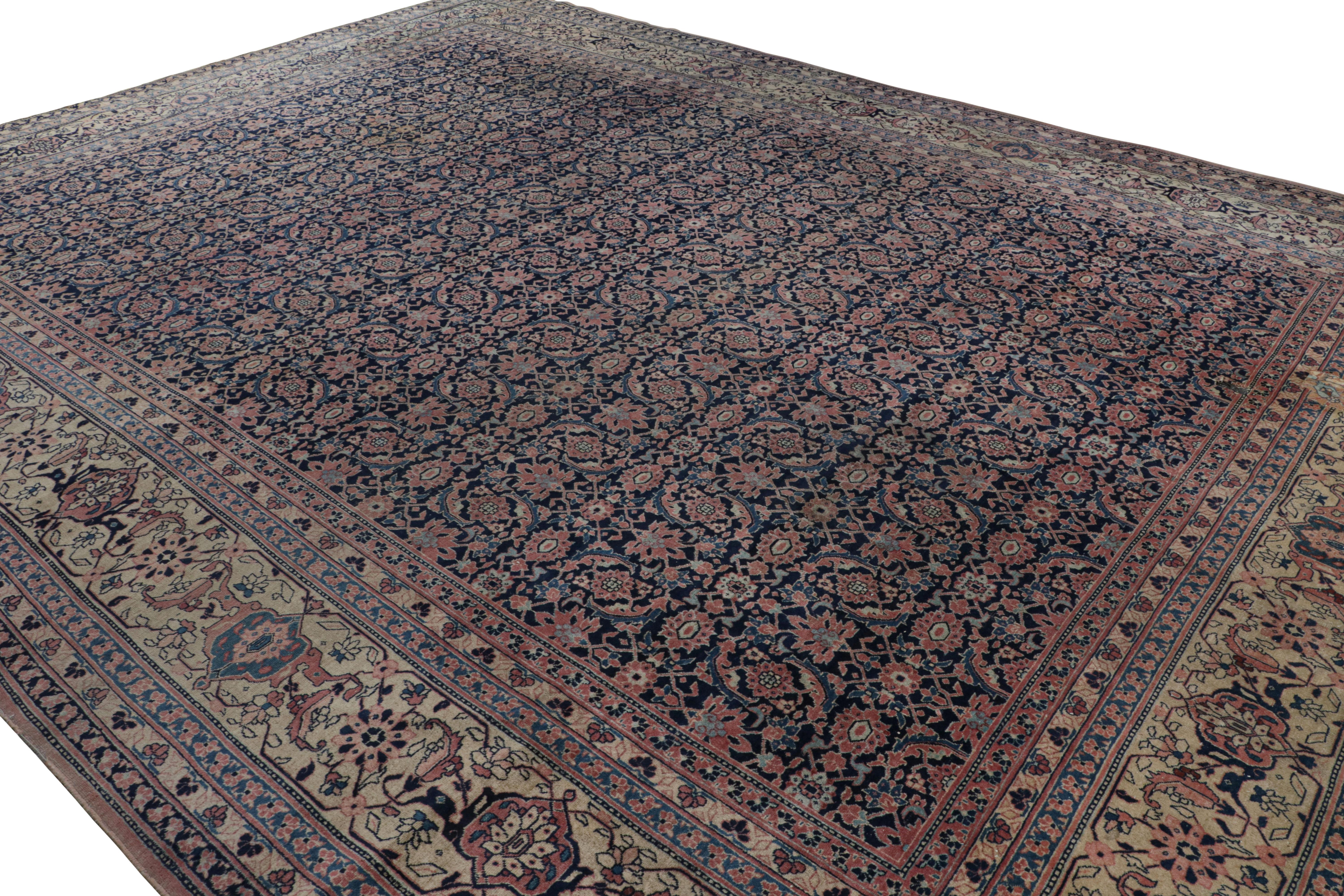 Hand-Knotted Antique Khorassan Rug in Navy Blue and Gold with Floral Patterns by Rug & Kilim For Sale