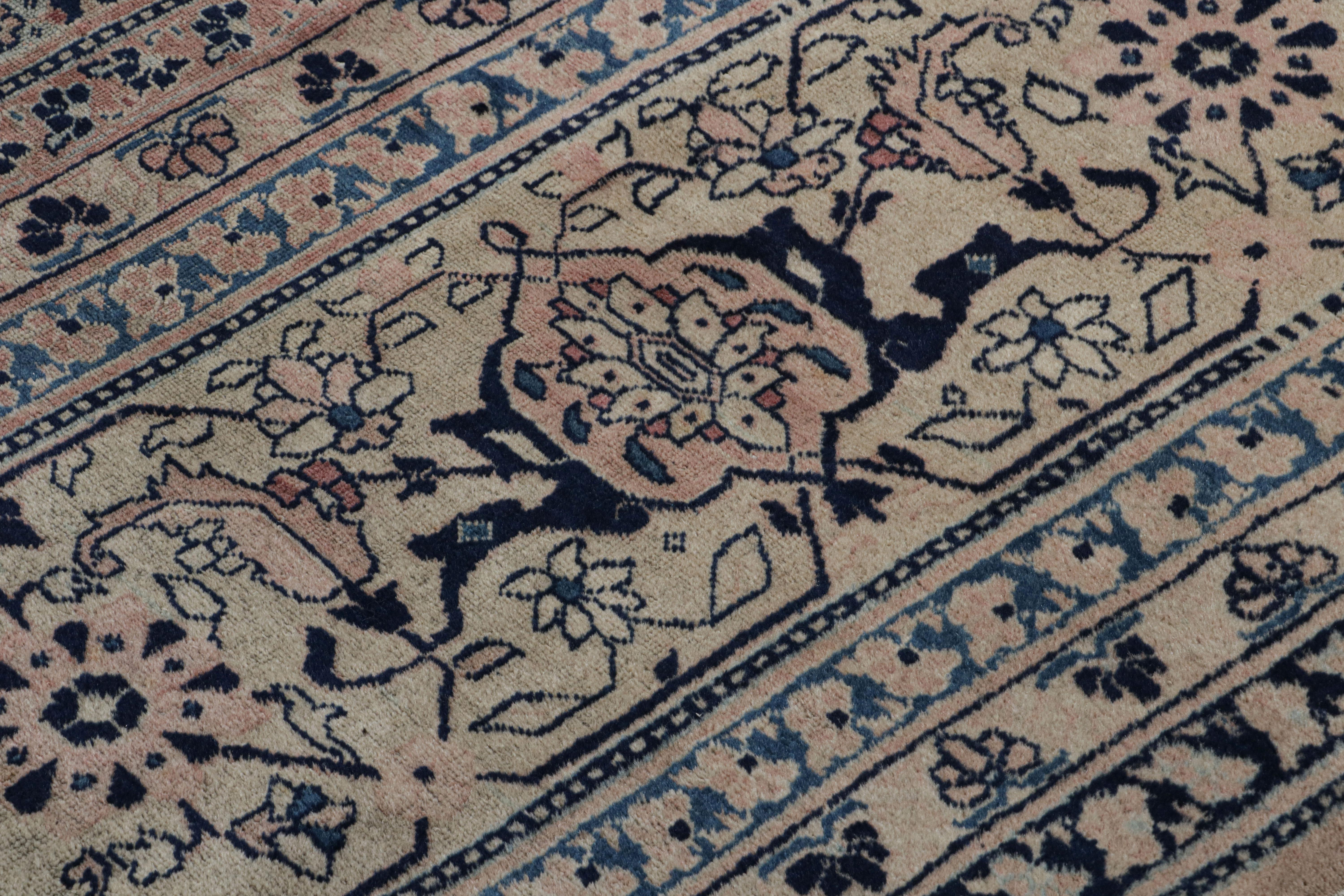 Wool Antique Khorassan Rug in Navy Blue and Gold with Floral Patterns by Rug & Kilim For Sale