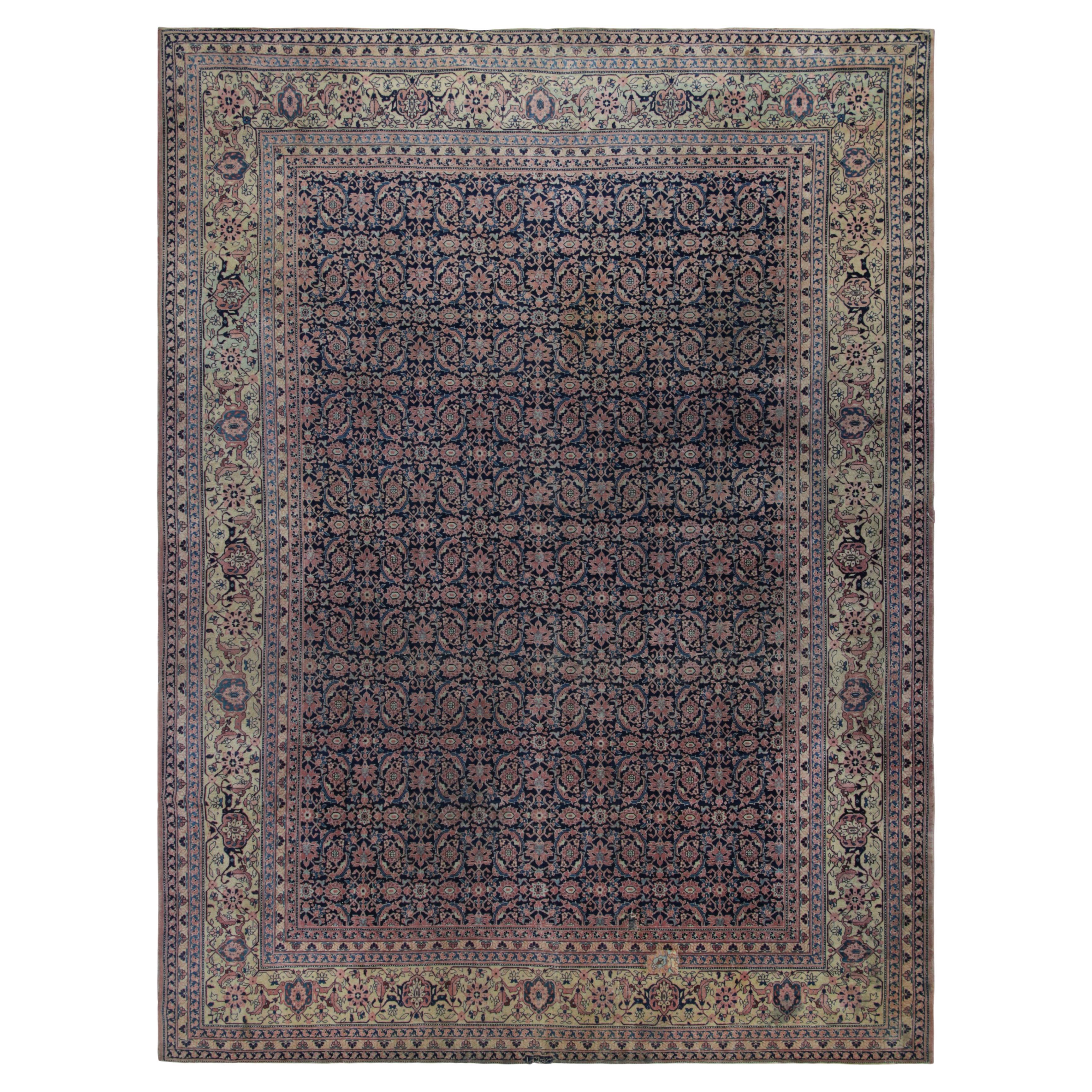 Antique Tabriz Persian Rug in Blue & Gold With Floral Patterns, From Rug & Kilim For Sale