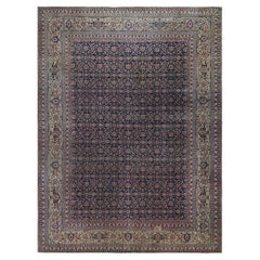 Antique Tabriz Persian Rug in Blue & Gold With Floral Patterns